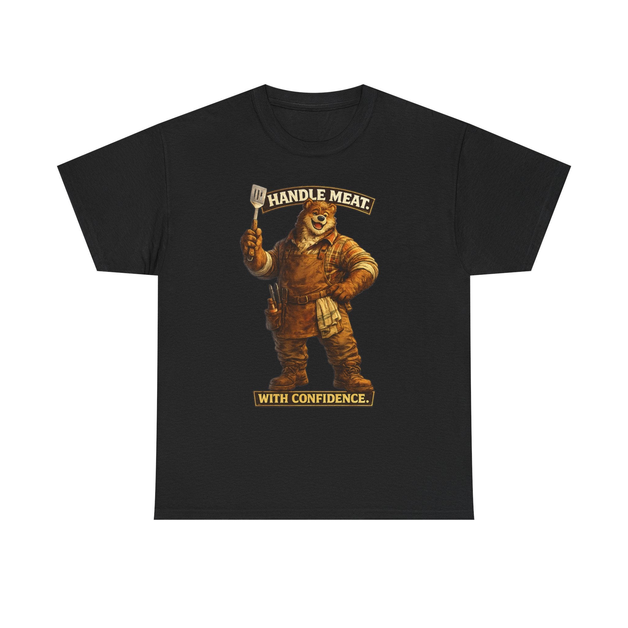 Bear Butcher Tee — "Handle Meat With Confidence" Graphic T-Shirt. Cheeky bear shirt. For the grill master in your life.