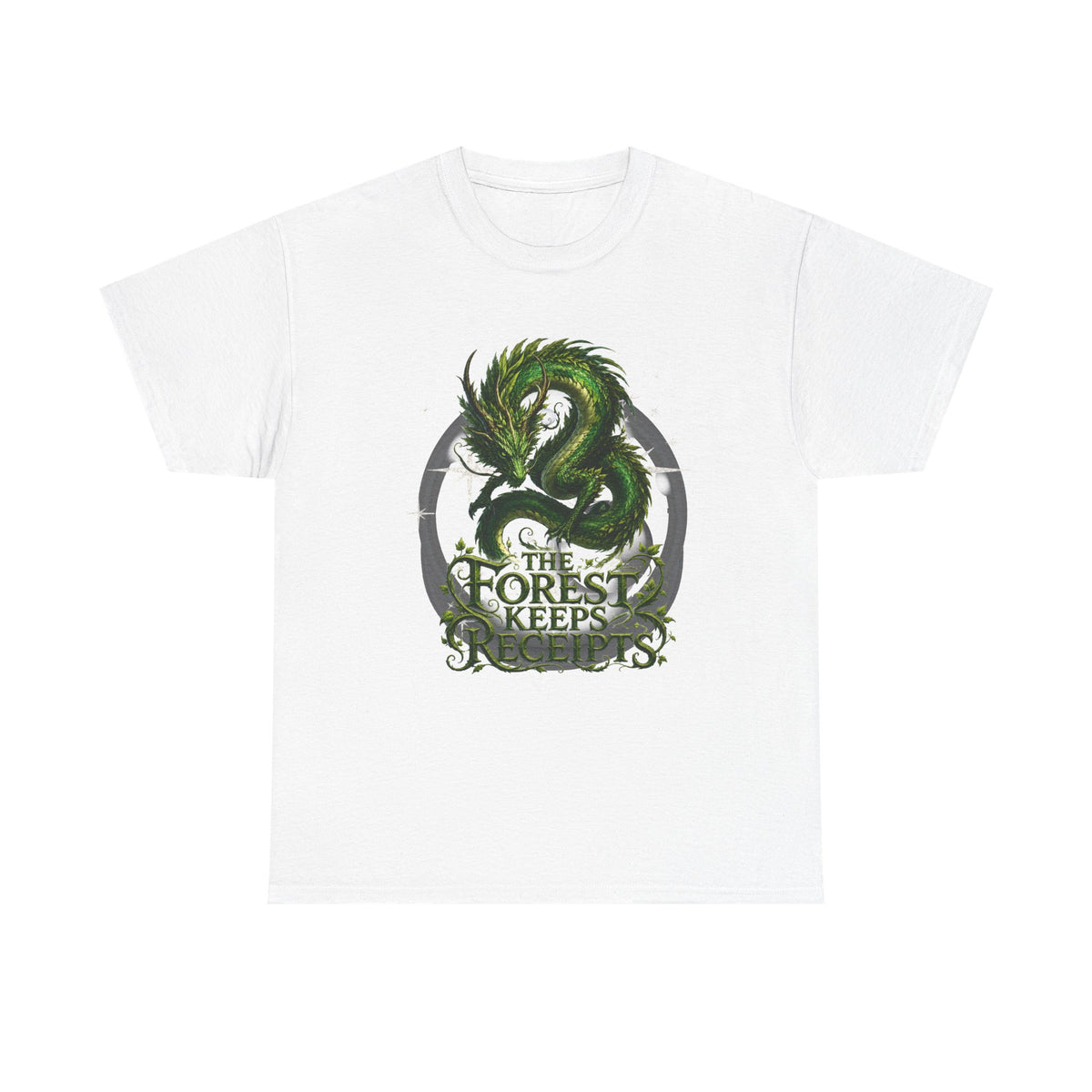 T-Shirt — "The Forest Keeps Receipts" Green Dragon Nature Graphic Tee