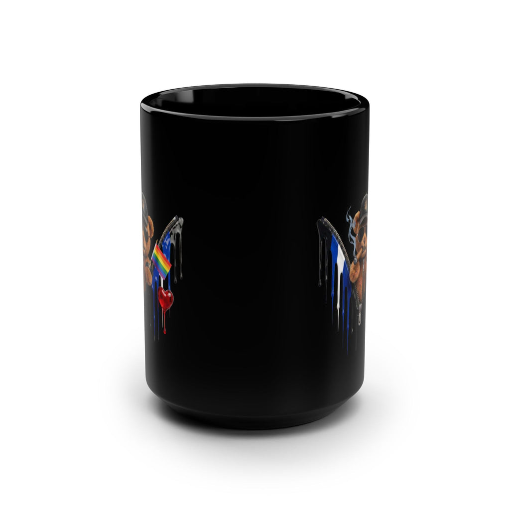 15oz Black Mug — Dripping Teddy with Rainbow & Thin Blue Line Flags. Leather pride mug. Bear Pride mug. LGBTQ pride mug