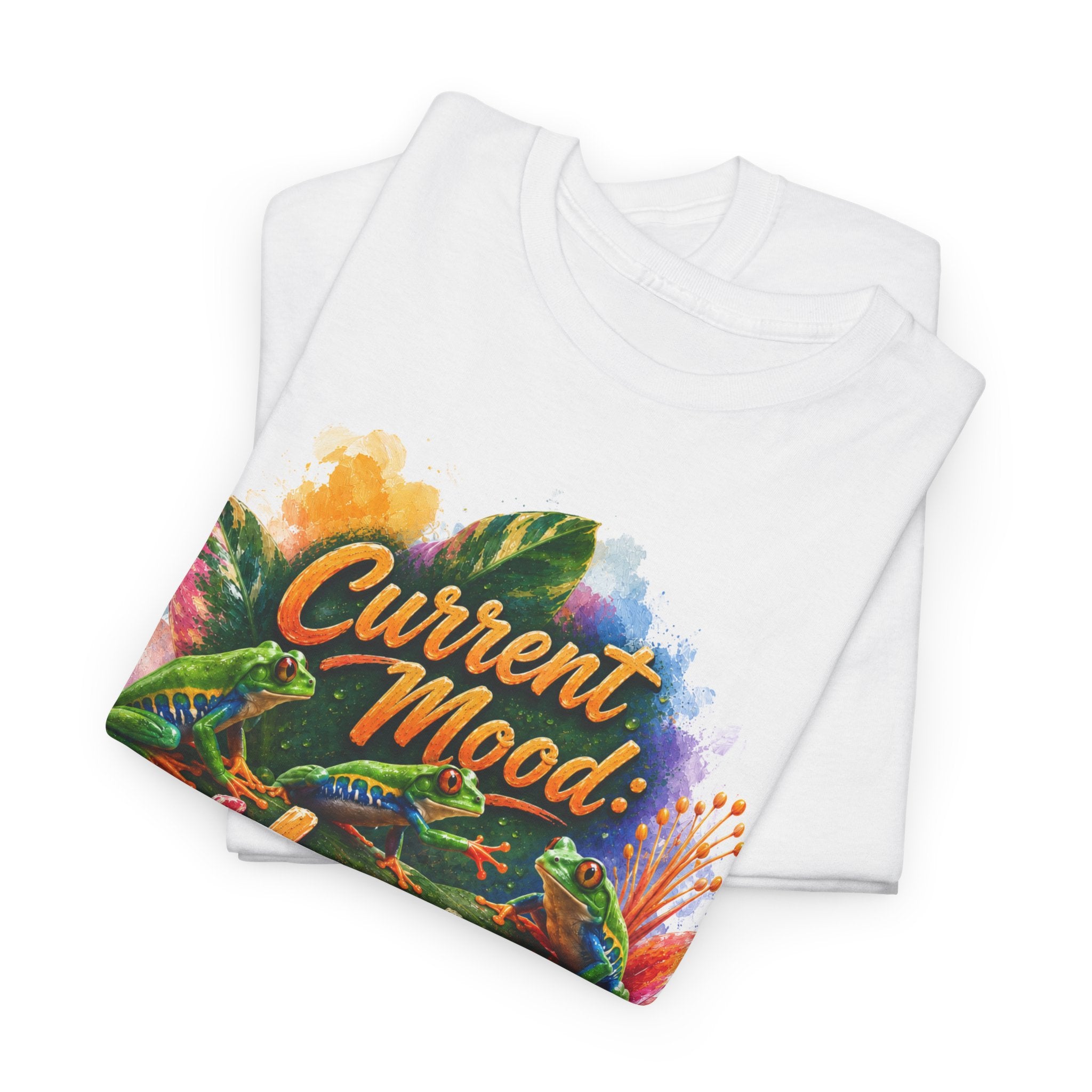 T‑Shirt — "Current Mood: Hoppy" Colorful Frog Graphic Tee. Tree Frogs eco-friendly awareness.