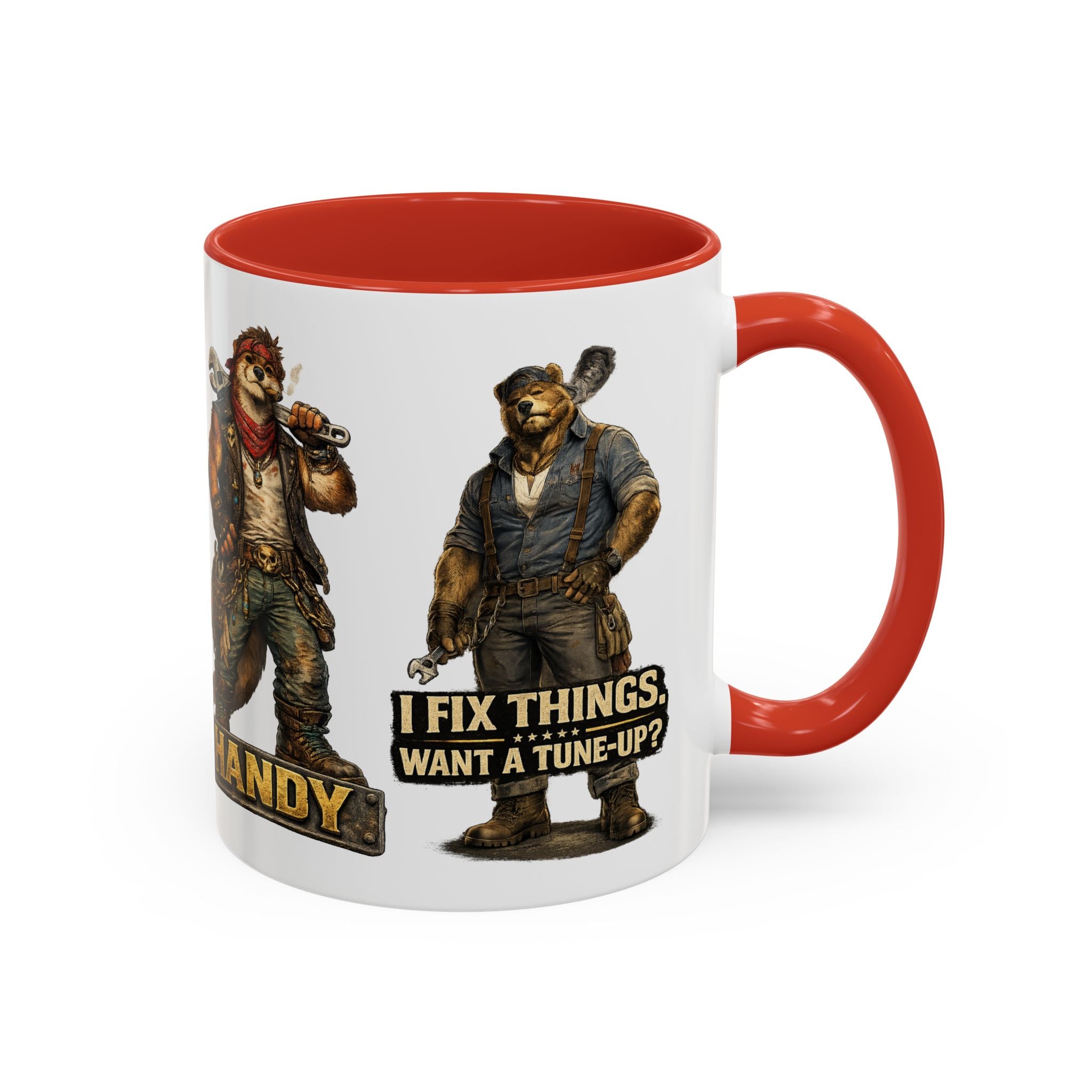 Handy Bear Mechanics Coffee Mug — "I Fix Things, Want a Tune-Up?" Accent Ceramic Mug