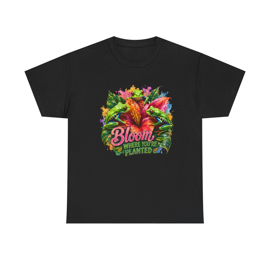 Bloom Where You're Planted Floral T-Shirt — Colorful Garden Graphic Tee. Tree Frogs t-shirt