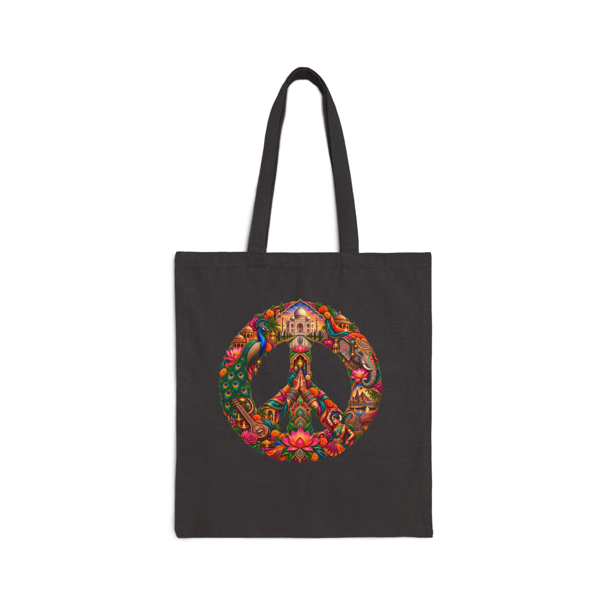 Peace Symbol Floral Canvas Tote — Boho Hippie Eco Market Bag