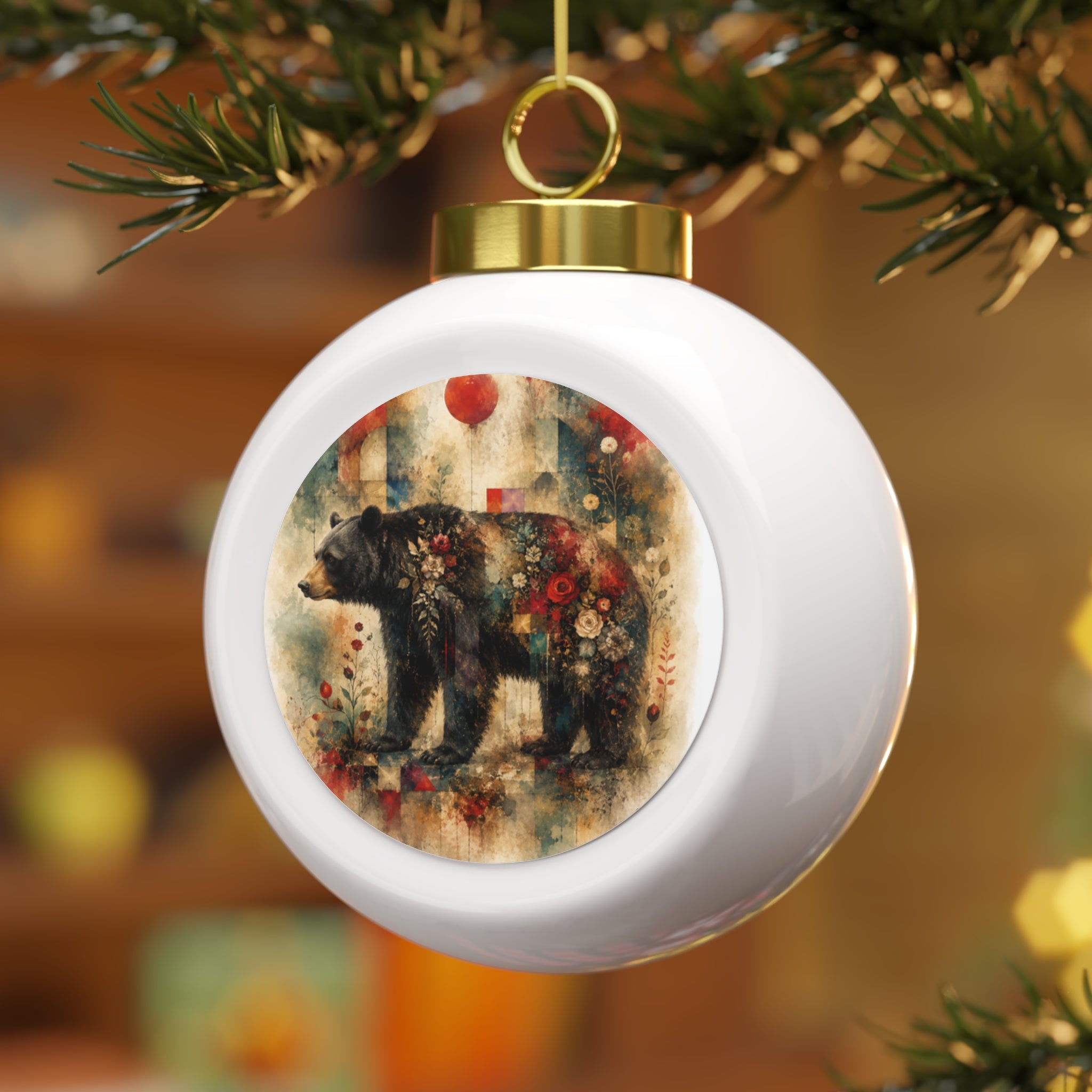 Floral Bear Christmas Ornament – Festive Poinsettia Holiday Ball