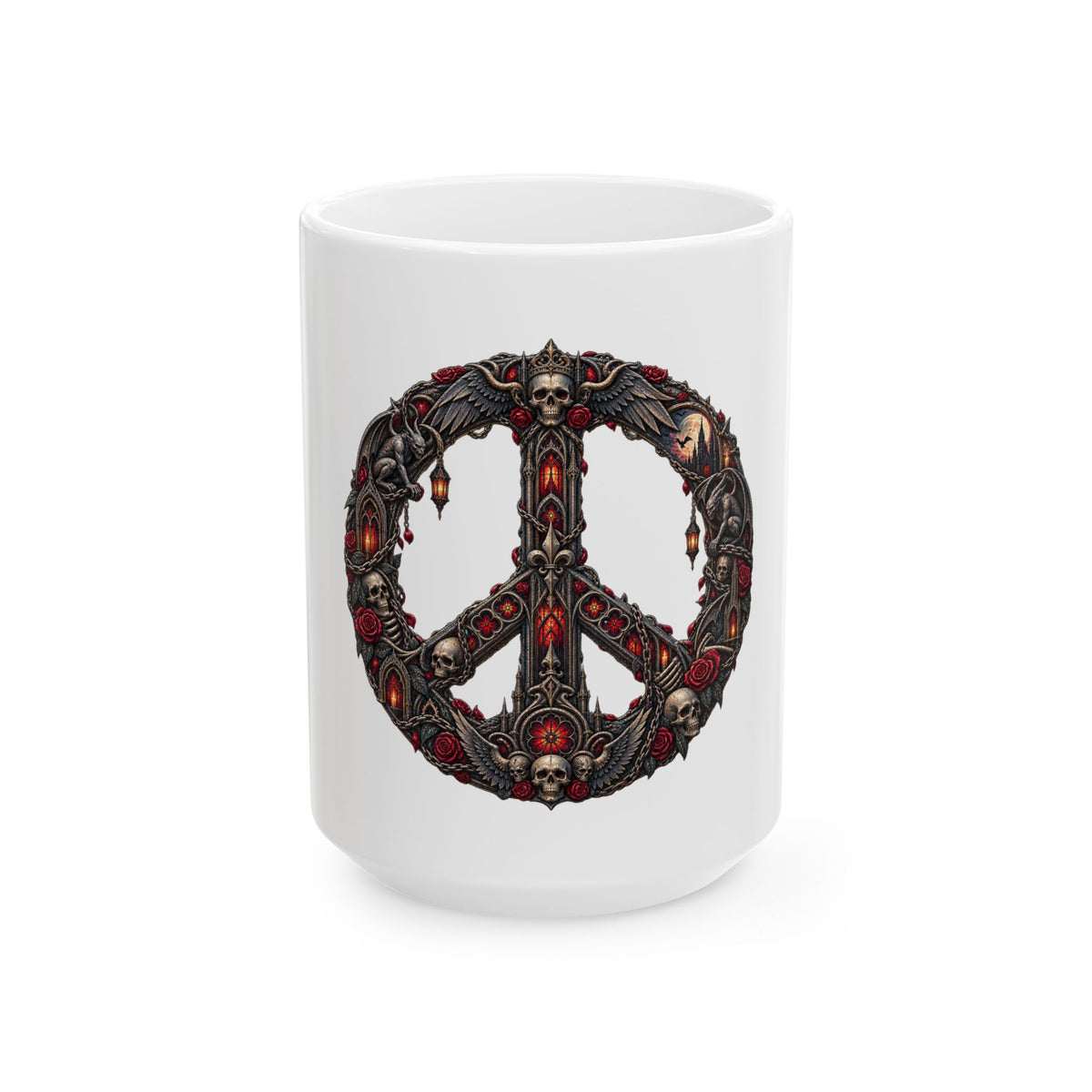 Skull Peace Sign Ceramic Mug — Gothic Dark Art Coffee Cup (11oz, 15oz)