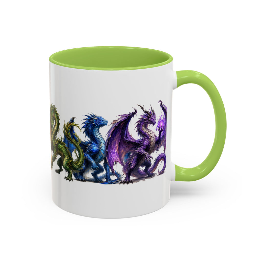Rainbow Dragon Lineup Accent Coffee Mug — Colorful Fantasy Creature Tea & Coffee Cup