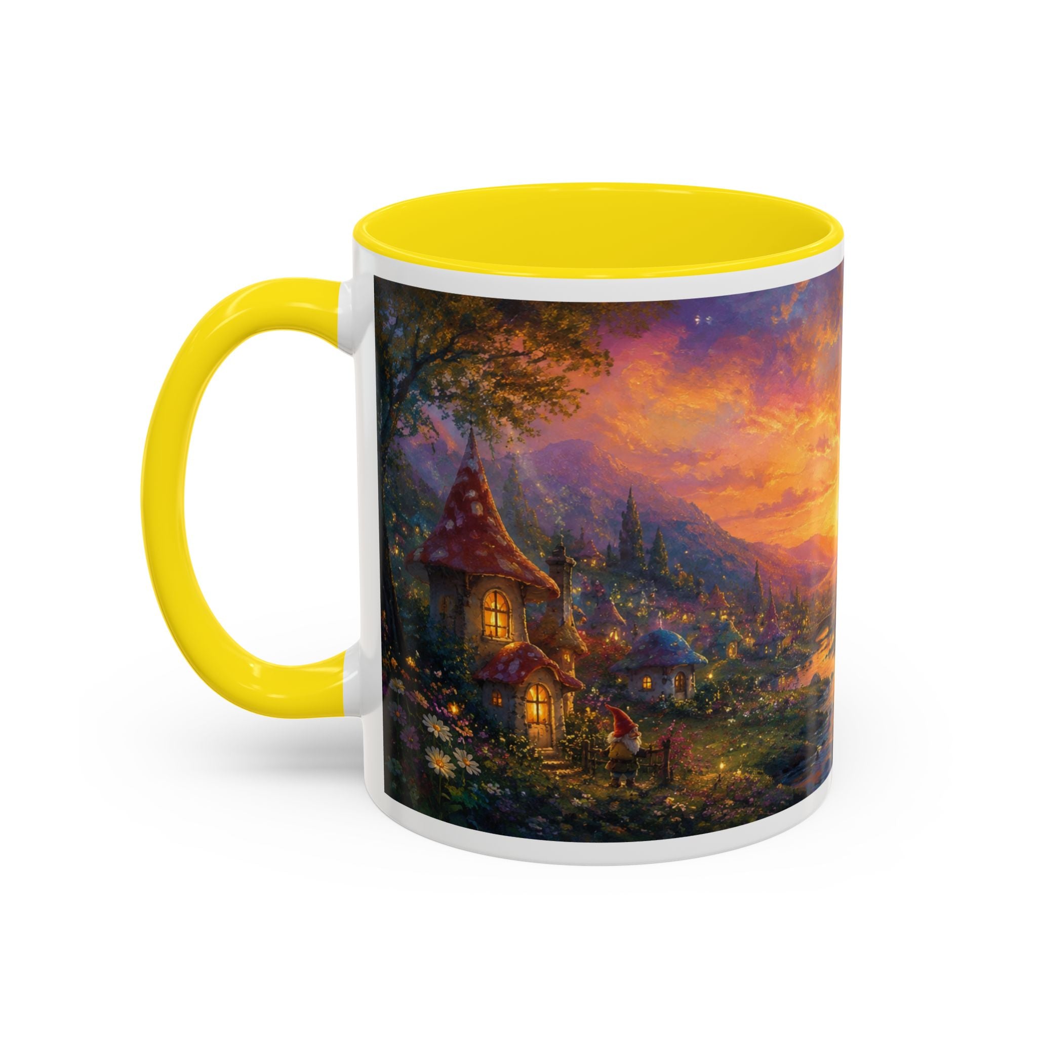 Fantasy Sunset Coffee Mug — Whimsical Village Sunrise Art Accent Mug (11/15oz)