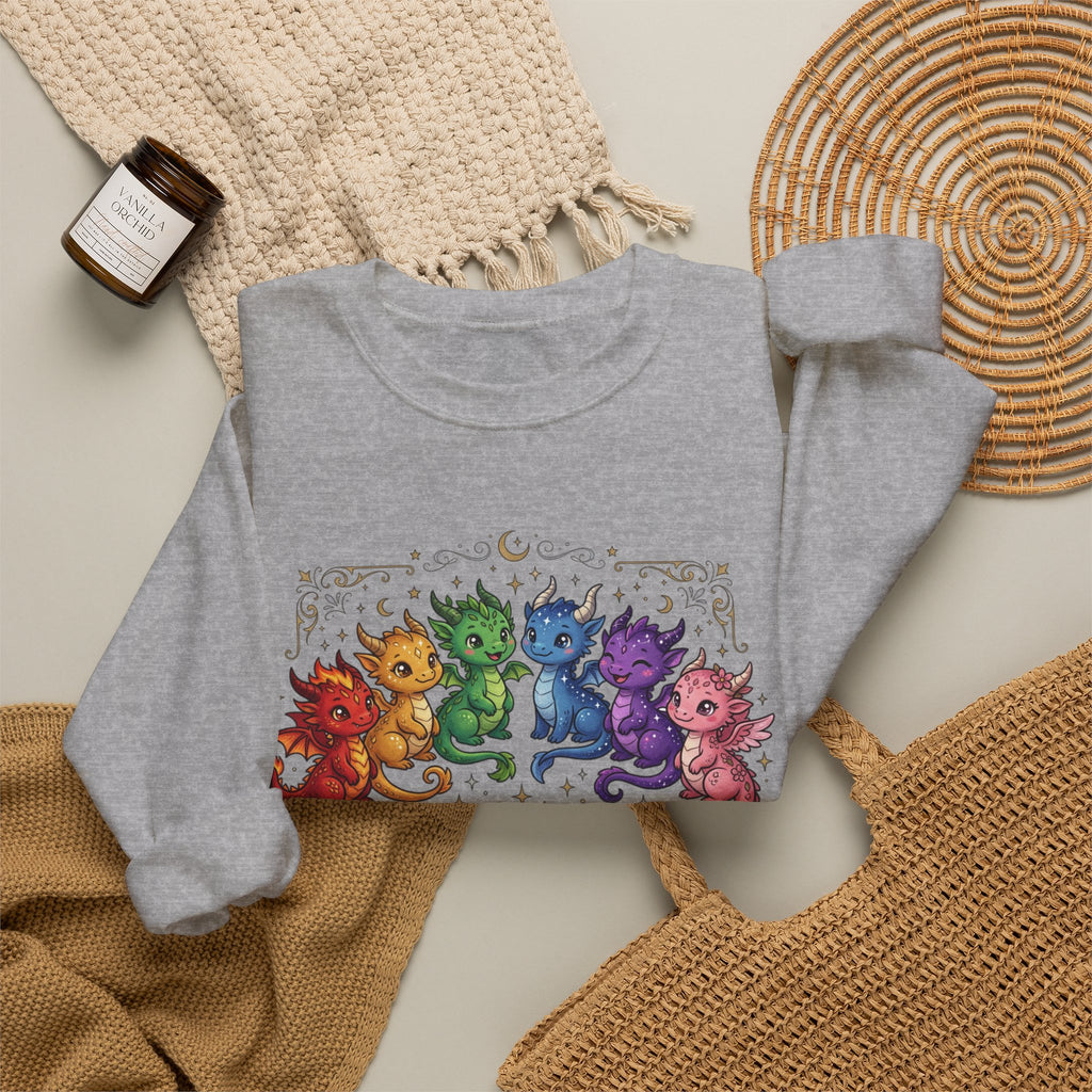 Crewneck Sweatshirt — "Proud Little Dragons" Rainbow Baby Dragon Graphic