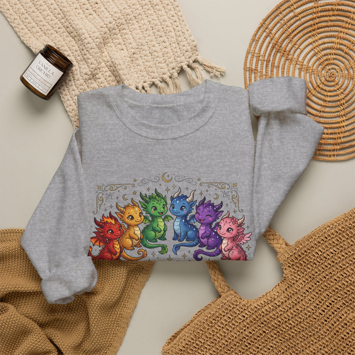 Crewneck Sweatshirt — "Proud Little Dragons" Rainbow Baby Dragon Graphic