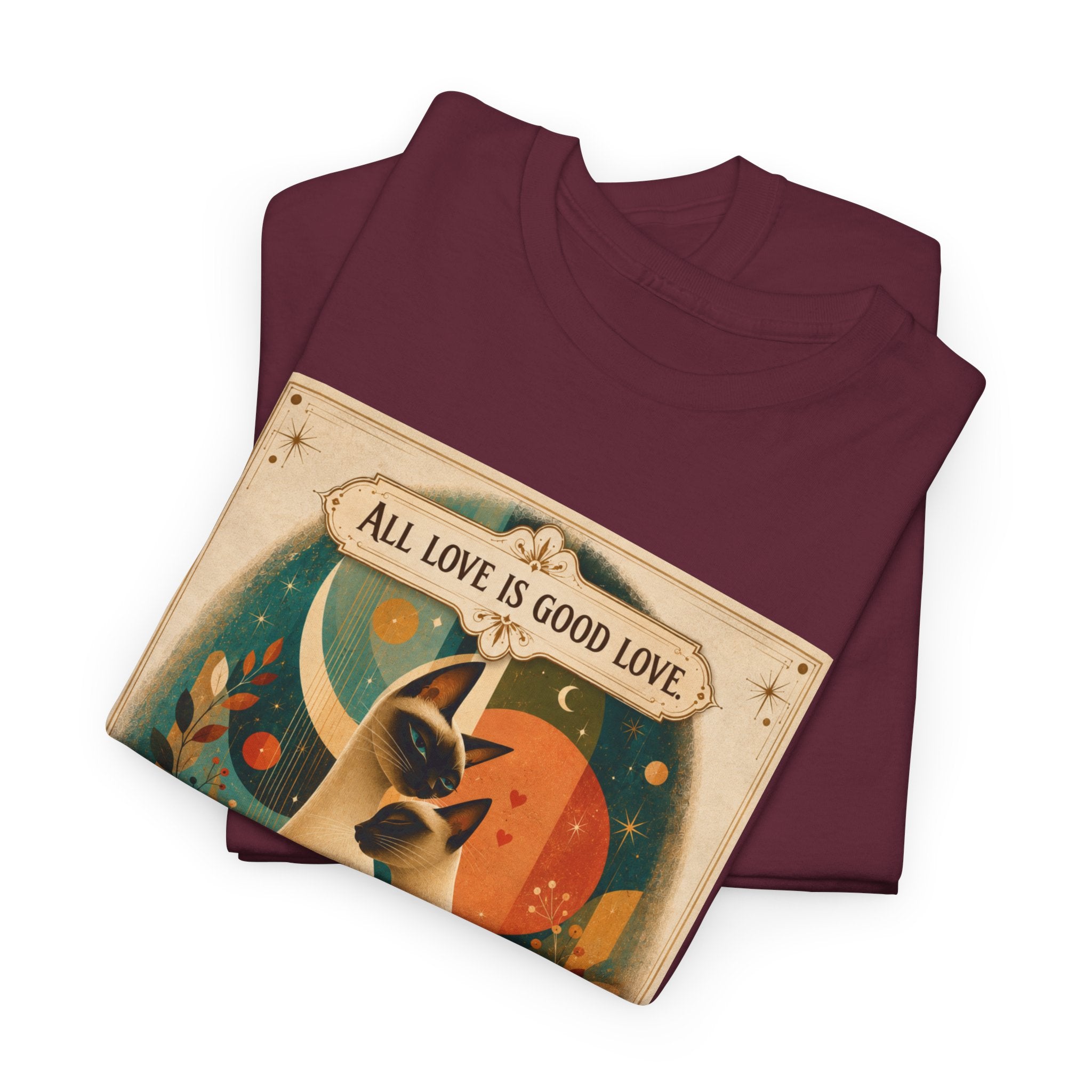 Cat Poster T-Shirt – "All Love Is Good Love" Retro Cat Love Graphic Tee. Siamese Cat Shirt Cat Lover Gift Cat Mom Shirt Cat Dad Shirt Cat People Apparel Cute Cat T-Shirt Cat Lover Tee Siamese Cat...