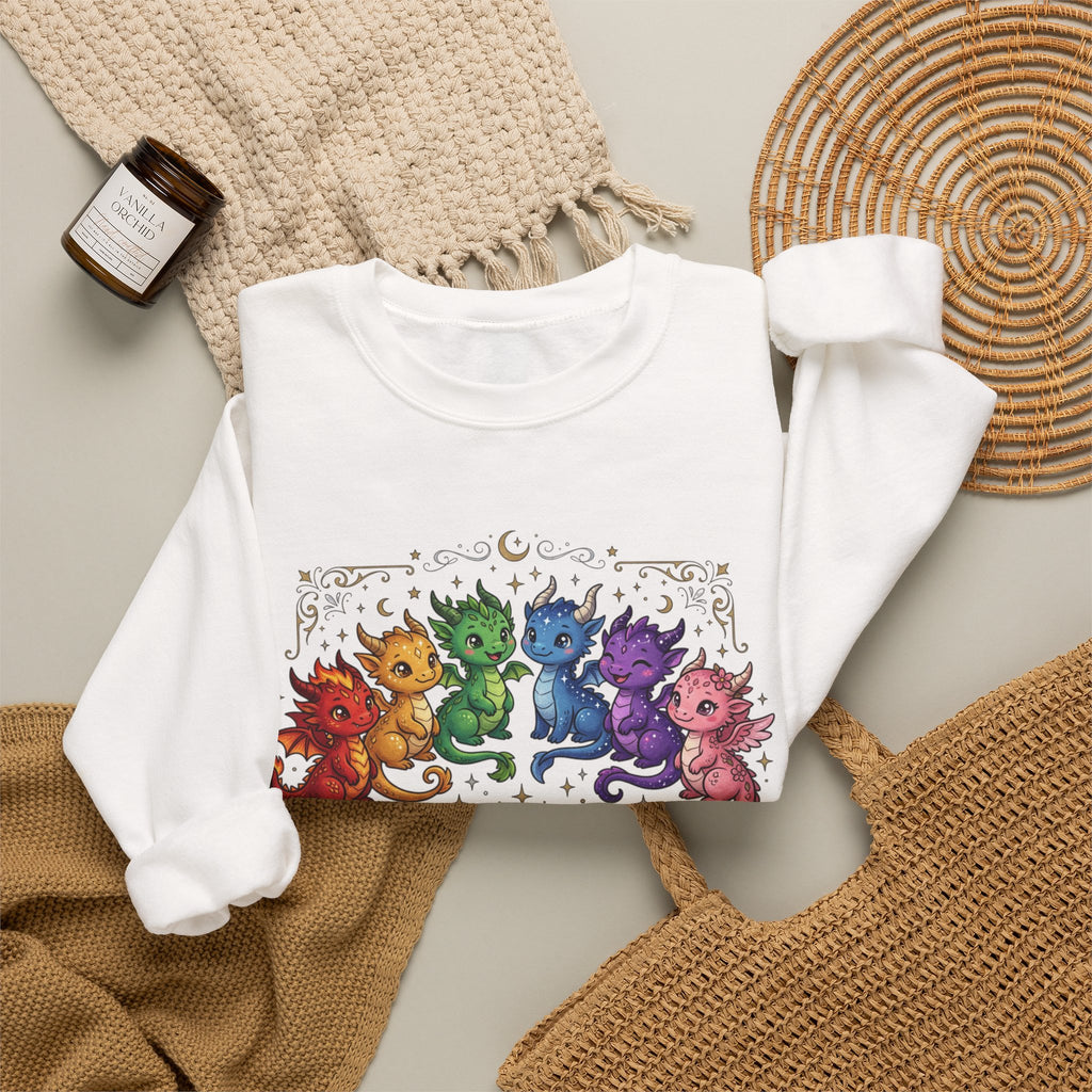 Crewneck Sweatshirt — "Proud Little Dragons" Rainbow Baby Dragon Graphic