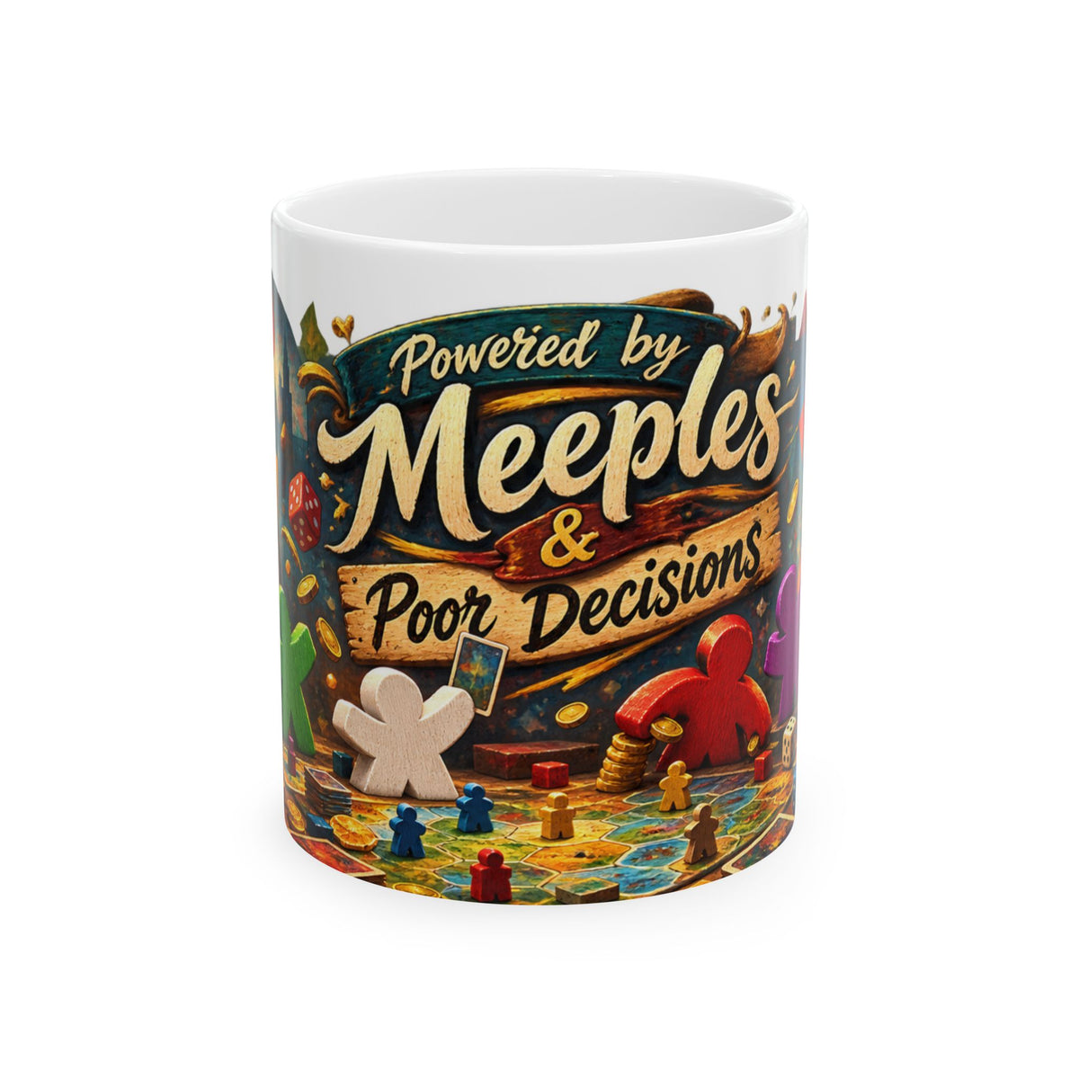 Powered by Meeples & Poor Decisions Ceramic Mug — Board Game Coffee Cup (11oz, 15oz)