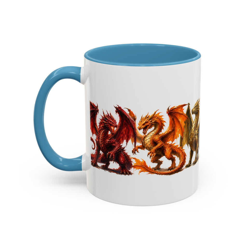 Rainbow Dragon Lineup Accent Coffee Mug — Colorful Fantasy Creature Tea & Coffee Cup