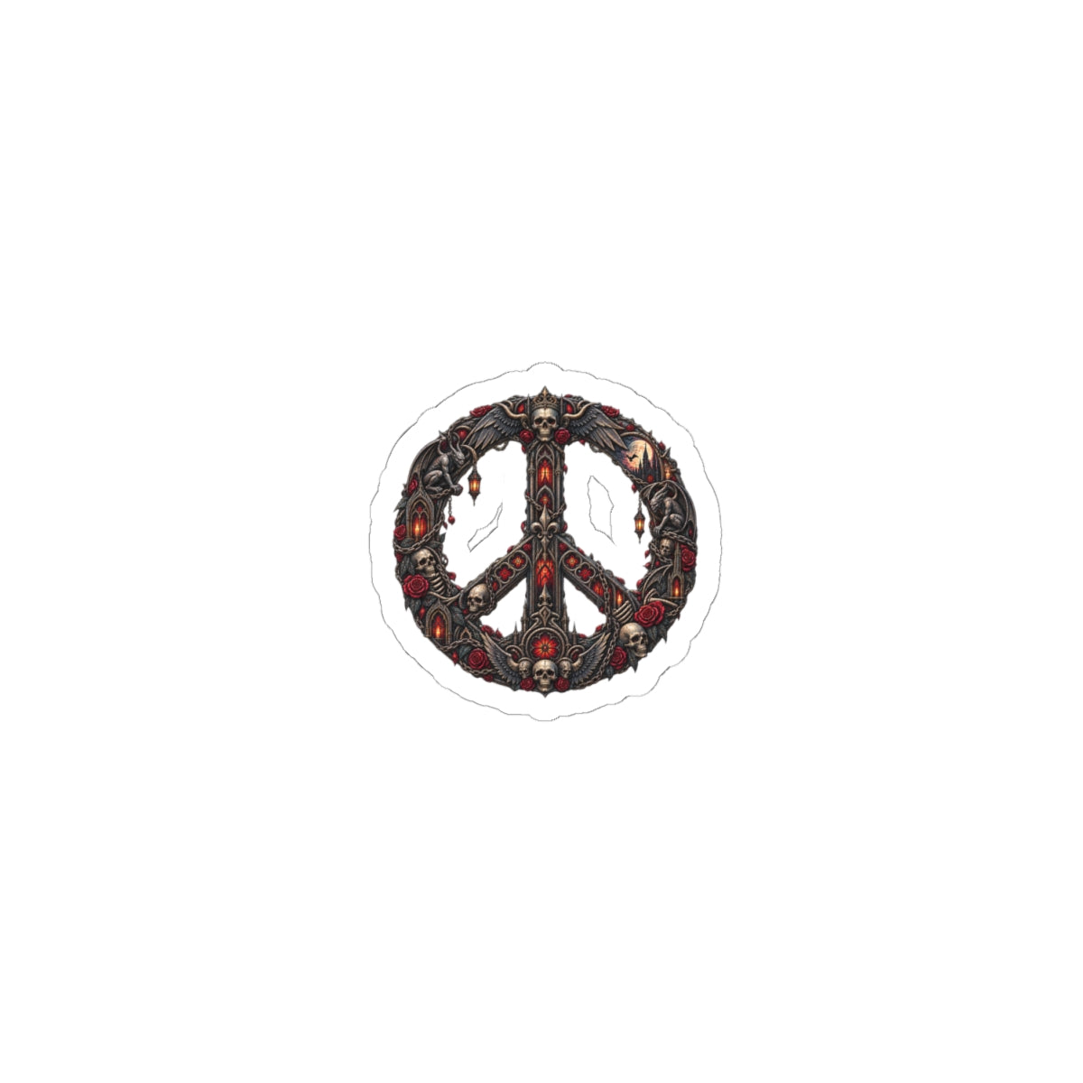 Skull & Rose Peace Sign Sticker — Gothic Kiss-Cut Laptop Decal