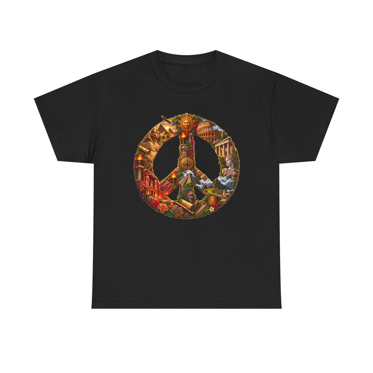 Peace Symbol Collage T-Shirt — Vintage Travel & Nature Graphic Tee