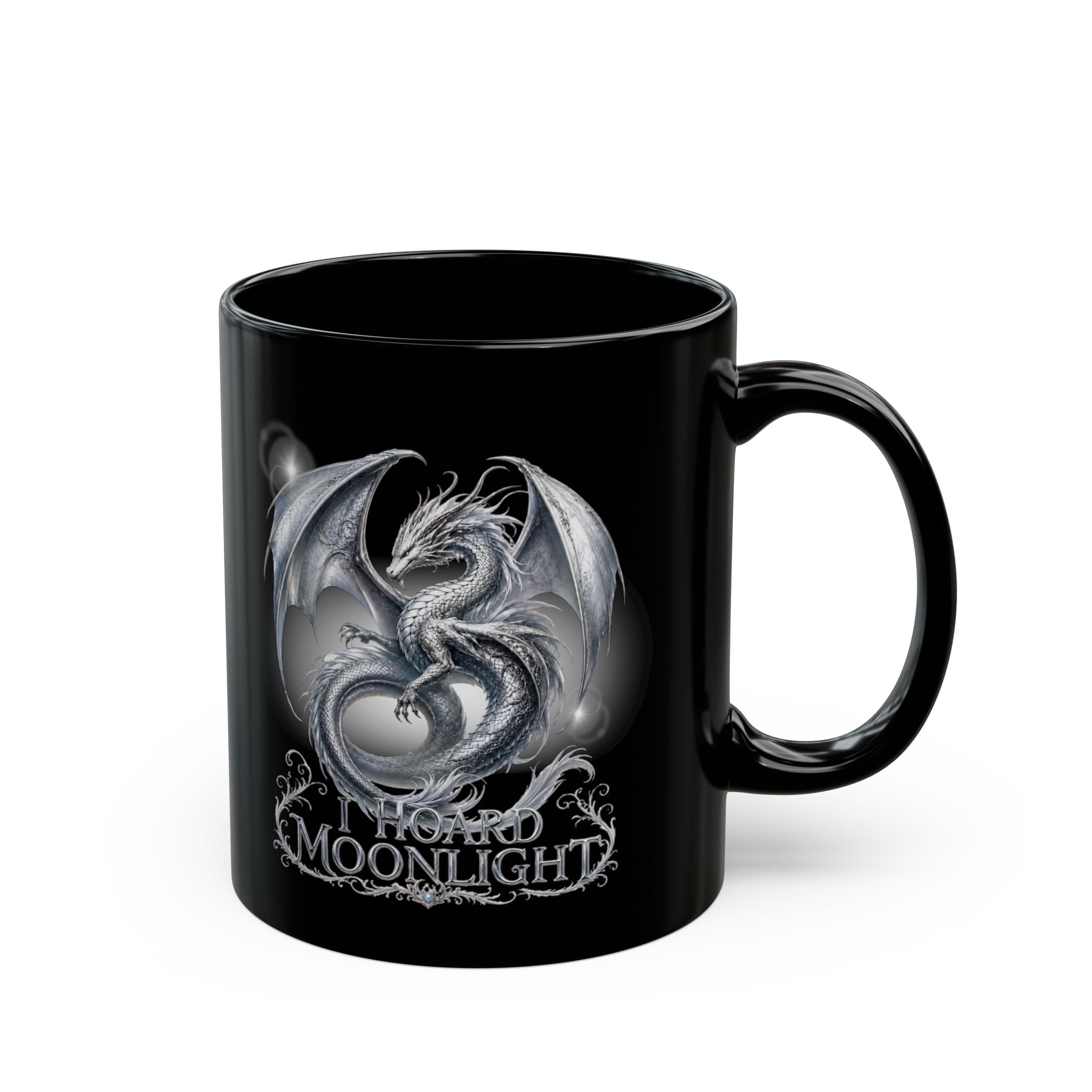Silver Dragon Orb Black Mug — Fantasy Coffee Cup (11oz, 15oz)