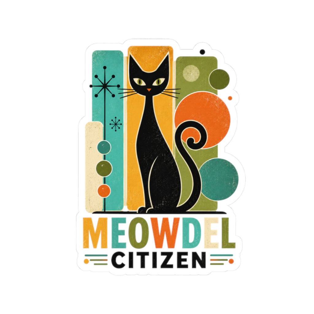 Retro Black Cat Sticker — "Meowdel Citizen" Kiss-Cut Decal