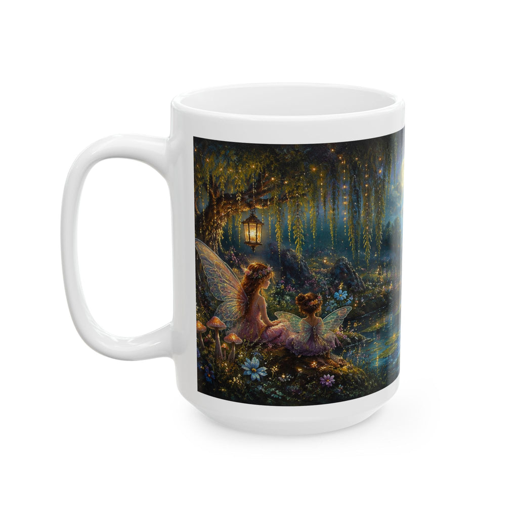 Fantasy Nightscape Ceramic Mug — Moonlit Lake, Hummingbird & Enchanted Garden (11oz/15oz)