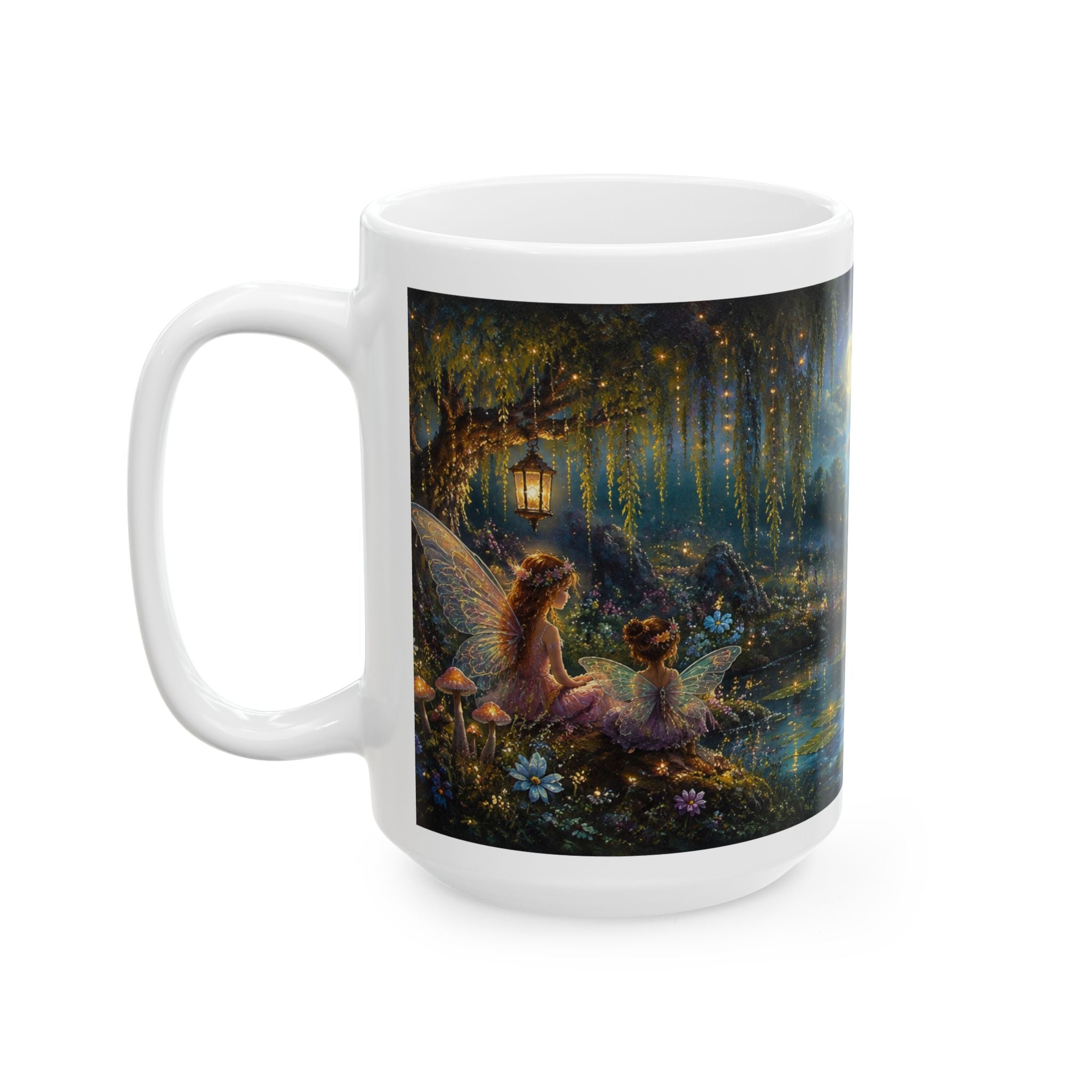 Fantasy Nightscape Ceramic Mug — Moonlit Lake, Hummingbird & Enchanted Garden (11oz/15oz)