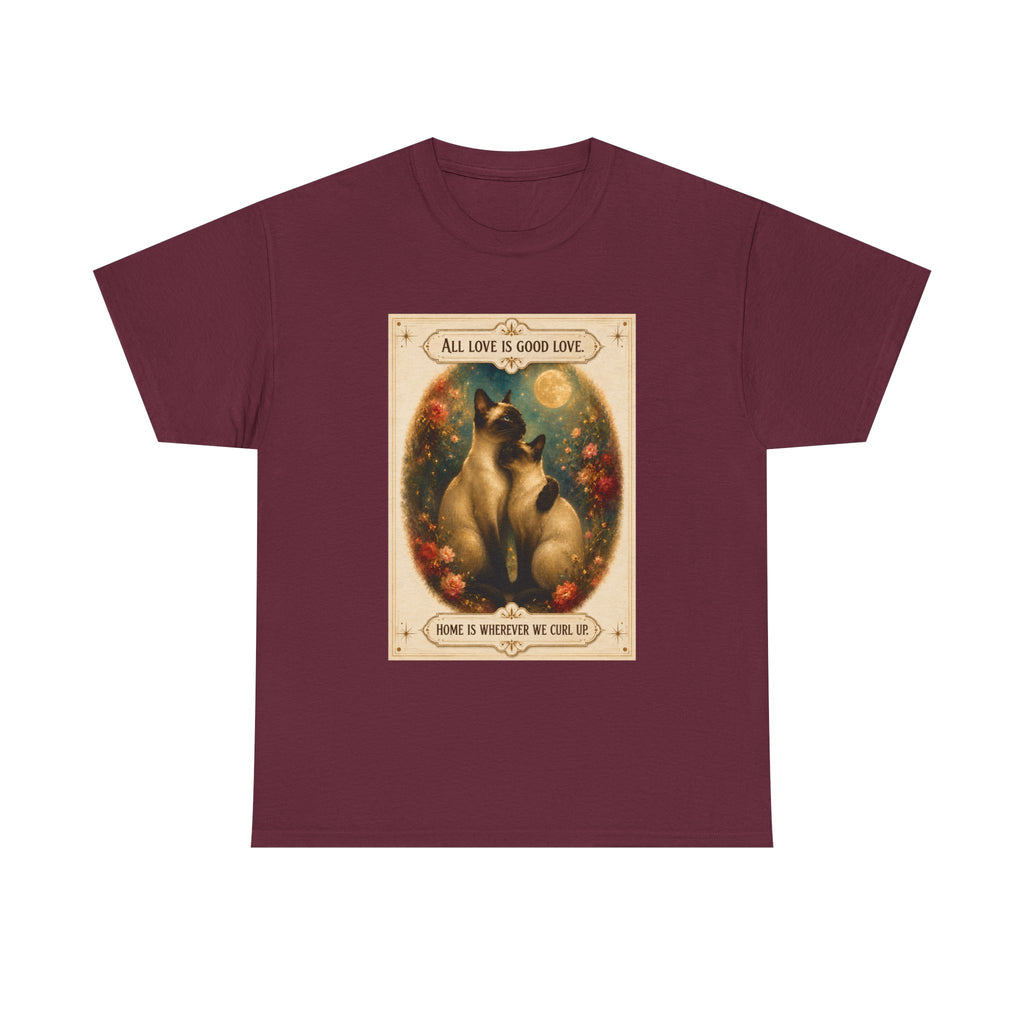 Cat Love Vintage Poster T-Shirt — "All Love Is Good Love" Graphic Tee. Siamese cats in love.