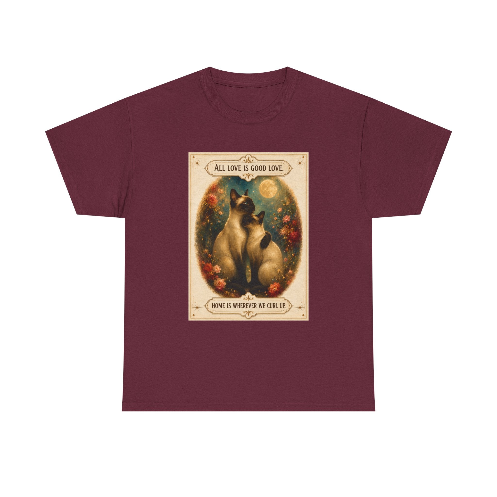 Cat Love Vintage Poster T-Shirt — "All Love Is Good Love" Graphic Tee. Siamese cats in love.