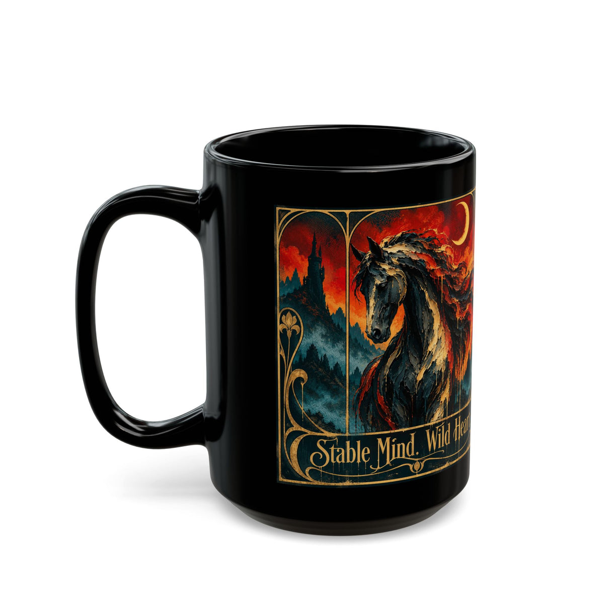Wild Heart Stable Mind Black Mug – Fiery Horse Art Coffee Cup (11oz/15oz)