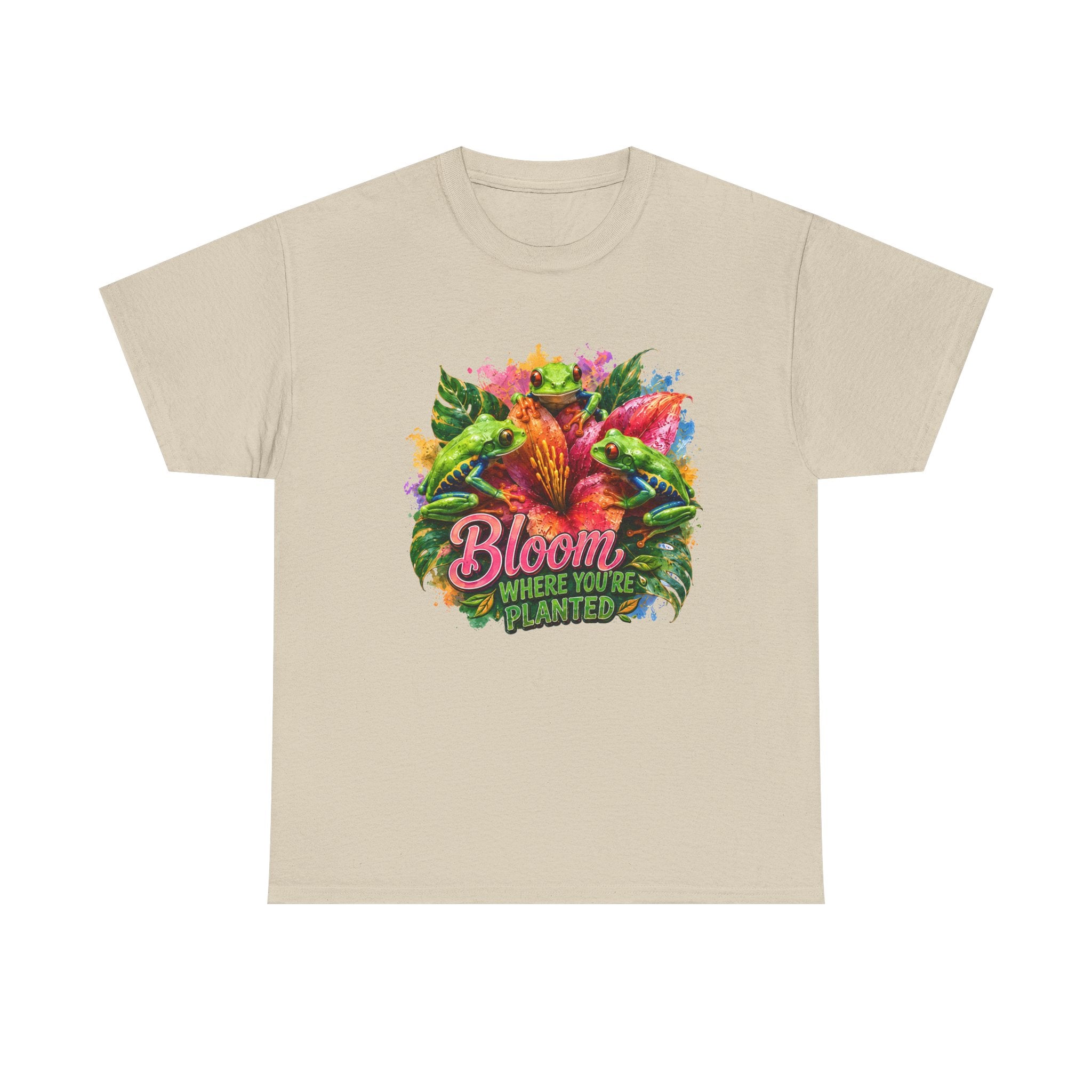 Bloom Where You're Planted Floral T-Shirt — Colorful Garden Graphic Tee. Tree Frogs t-shirt