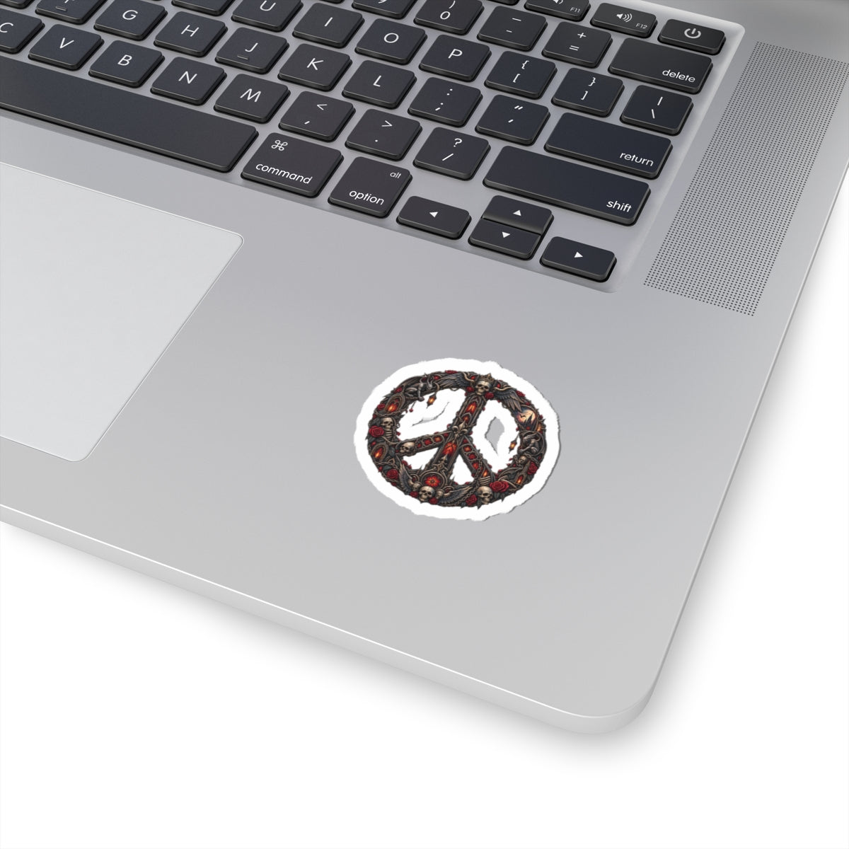 Skull & Rose Peace Sign Sticker — Gothic Kiss-Cut Laptop Decal