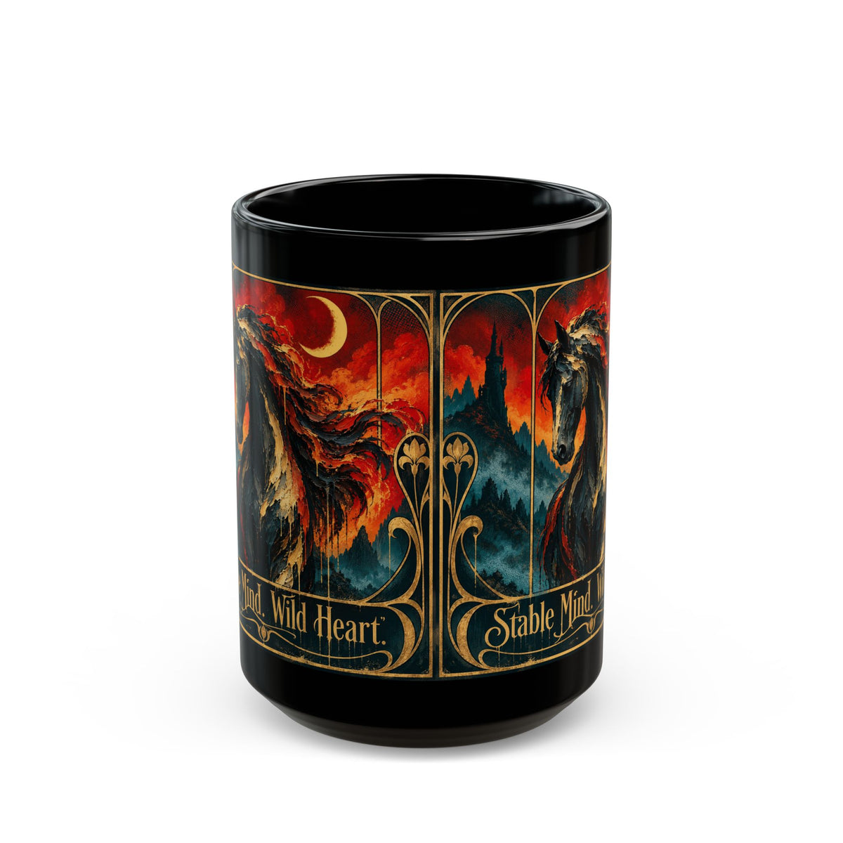 Wild Heart Stable Mind Black Mug – Fiery Horse Art Coffee Cup (11oz/15oz)