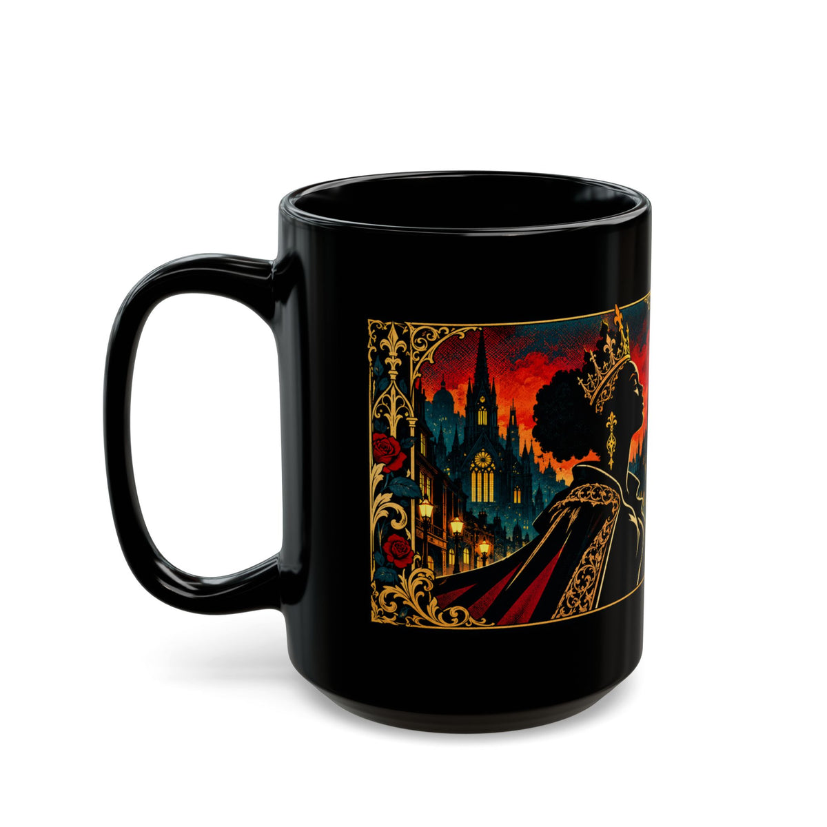 Crowned With Purpose Black Ceramic Mug — Rooted in Greatness Afrocentric Empowerment Mug Gothic Cityscape Coffee Cup (11oz/15oz)