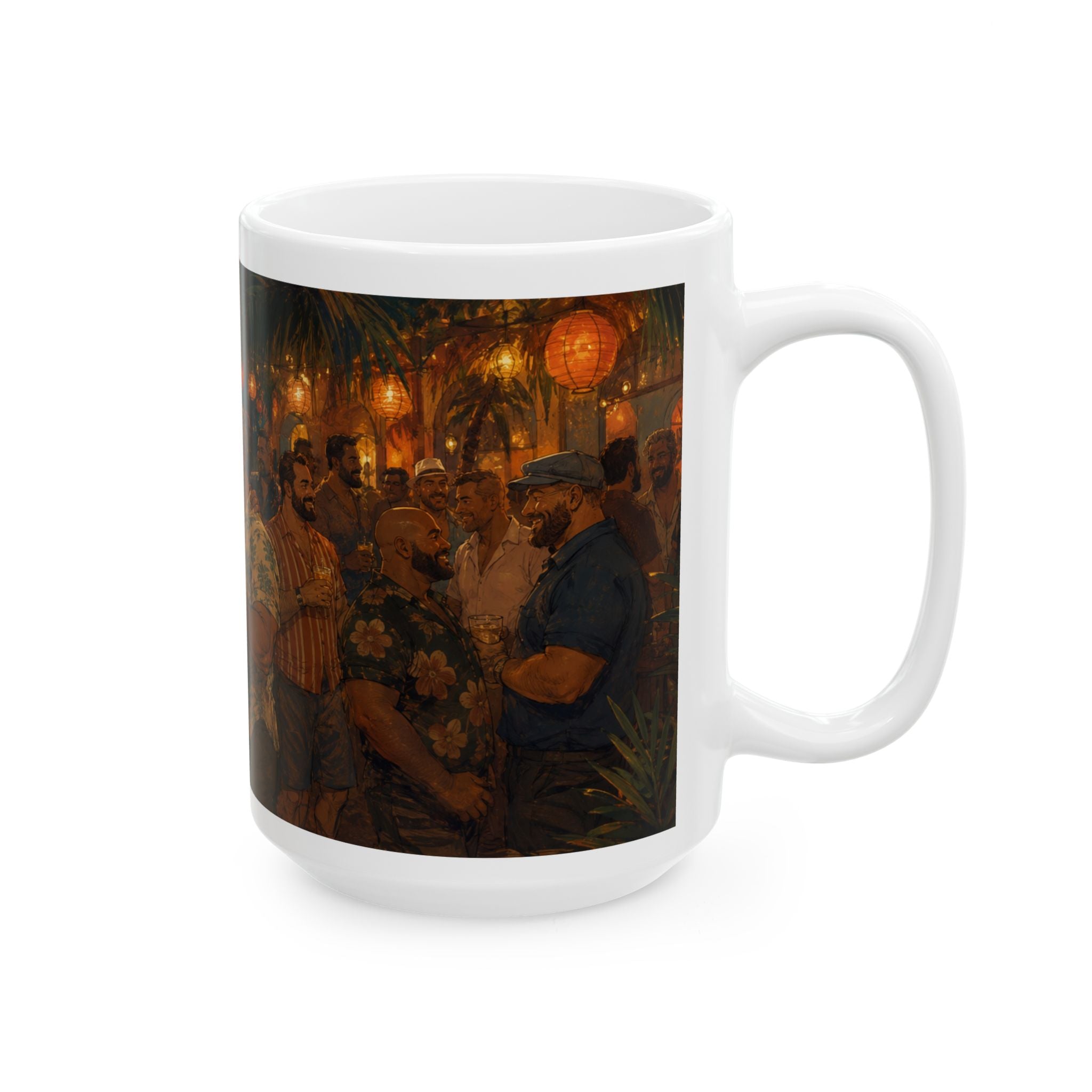 Ceramic Mug — Tropical Night Market Bear Couples Art. Bear Dance night for Bear mug lovers.