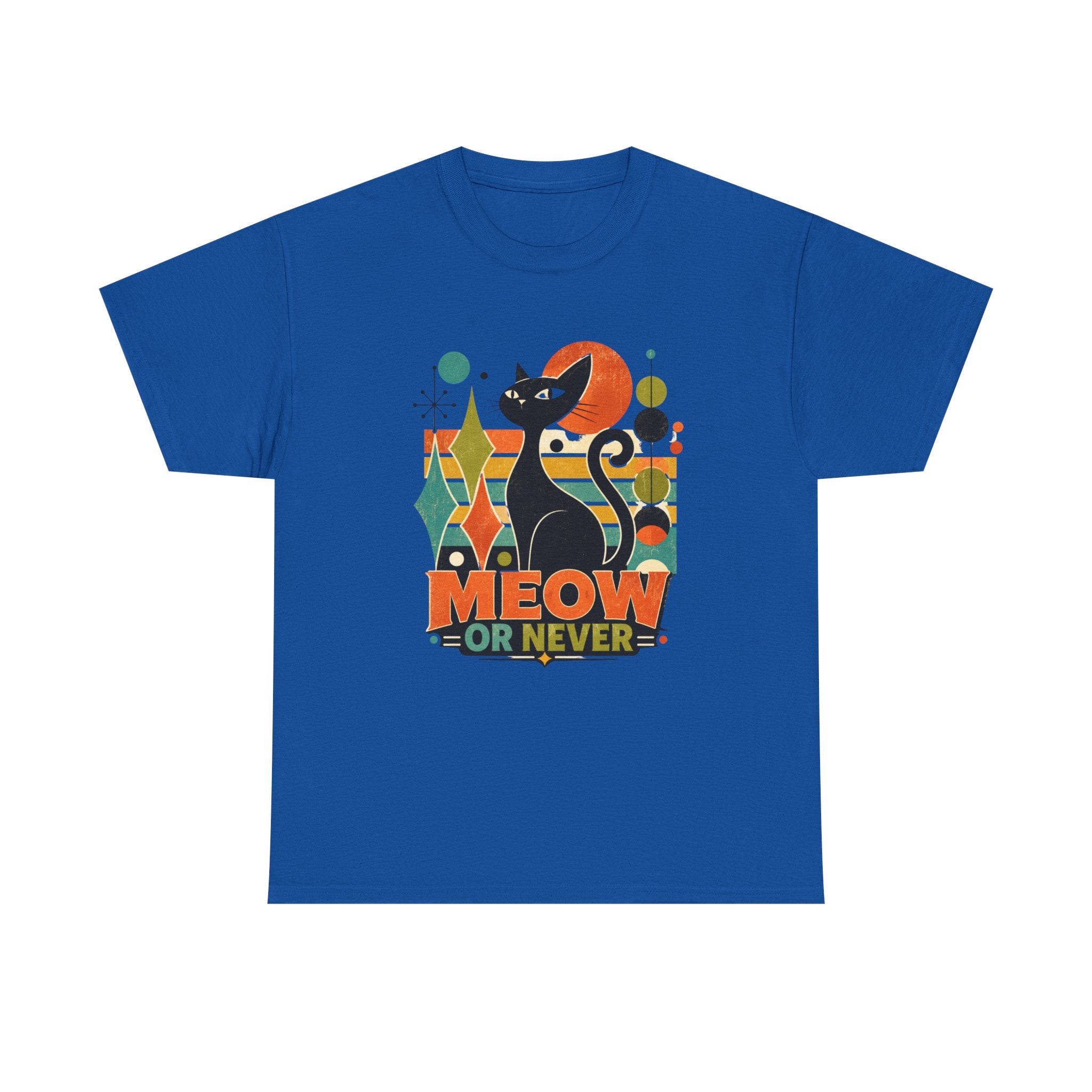 Cat T-Shirt — "Meow or Never" Retro Cat Graphic Tee. Tangentsies Cat Mod t=shirt