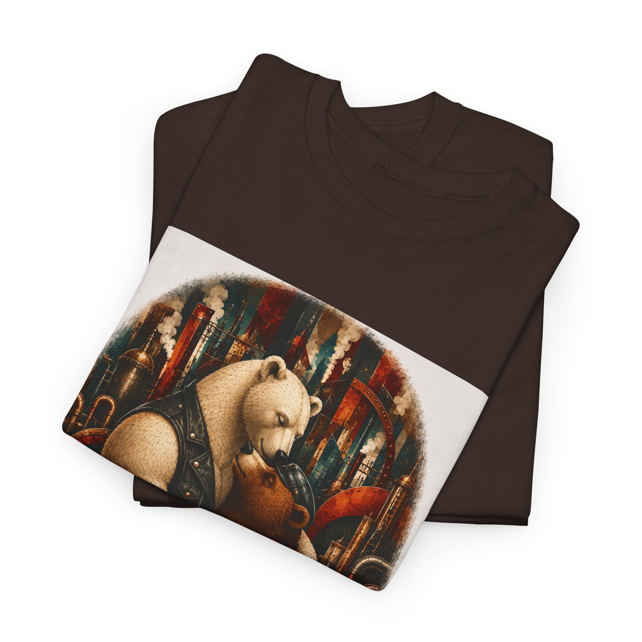 Bear Musician T‑Shirt — Vintage Stylized Bear Playing Violin Art Tee. An image of two Bears in a loving embrace. Colorful steampunk background. Mod.