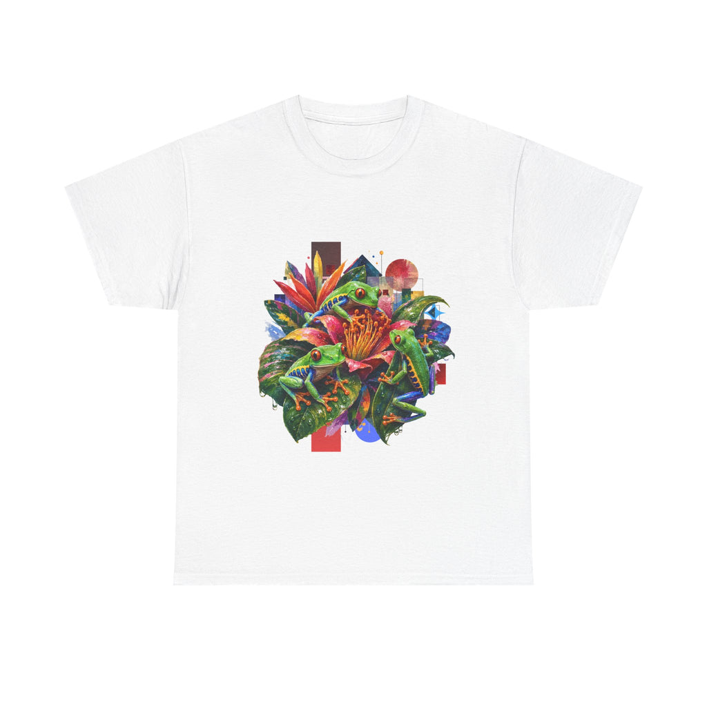 T-Shirt — Tropical Floral Collage Tee. Frog tee, Tree Frogs in Foliage. Eco-friendly reminder.