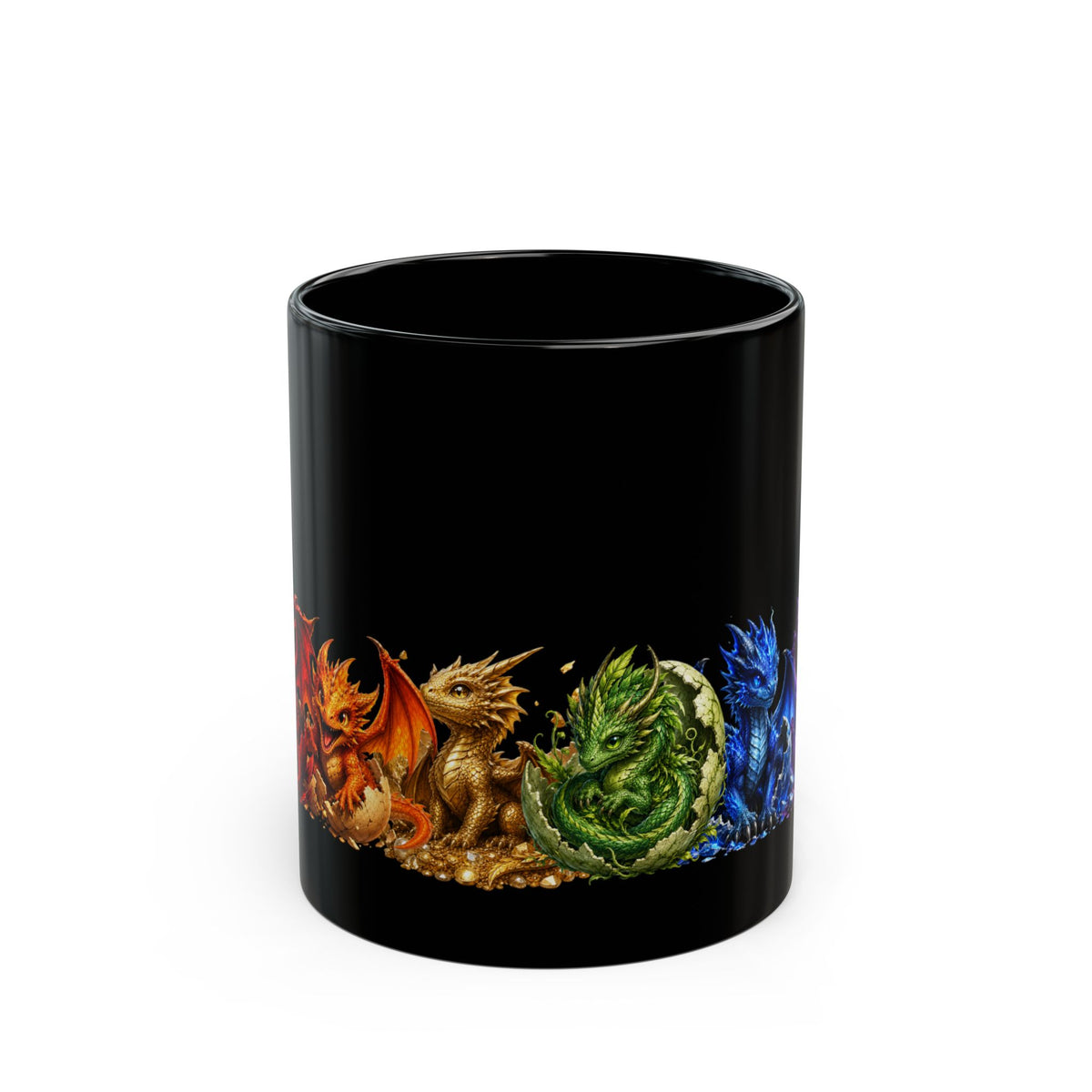Dragon Hatchlings Black Mug — Colorful Elemental Baby Dragons Coffee Cup (11oz/15oz)Rainbow Dragons