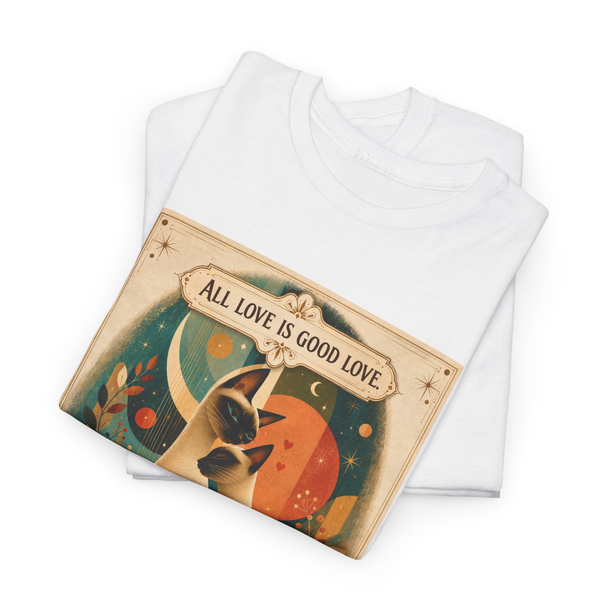 Cat Poster T-Shirt – "All Love Is Good Love" Retro Cat Love Graphic Tee. Siamese Cat Shirt Cat Lover Gift Cat Mom Shirt Cat Dad Shirt Cat People Apparel Cute Cat T-Shirt Cat Lover Tee Siamese Cat...