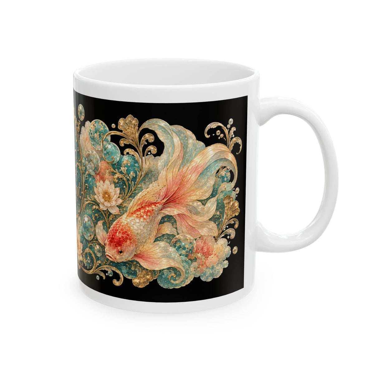Ceramic Mug — Vintage Floral Goldfish Design with Quote “I Came. I Saw. I Forgot.”