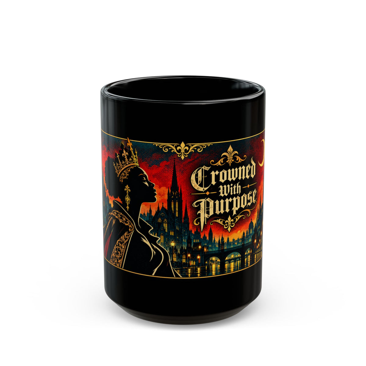 Crowned With Purpose Black Ceramic Mug — Rooted in Greatness Afrocentric Empowerment Mug Gothic Cityscape Coffee Cup (11oz/15oz)