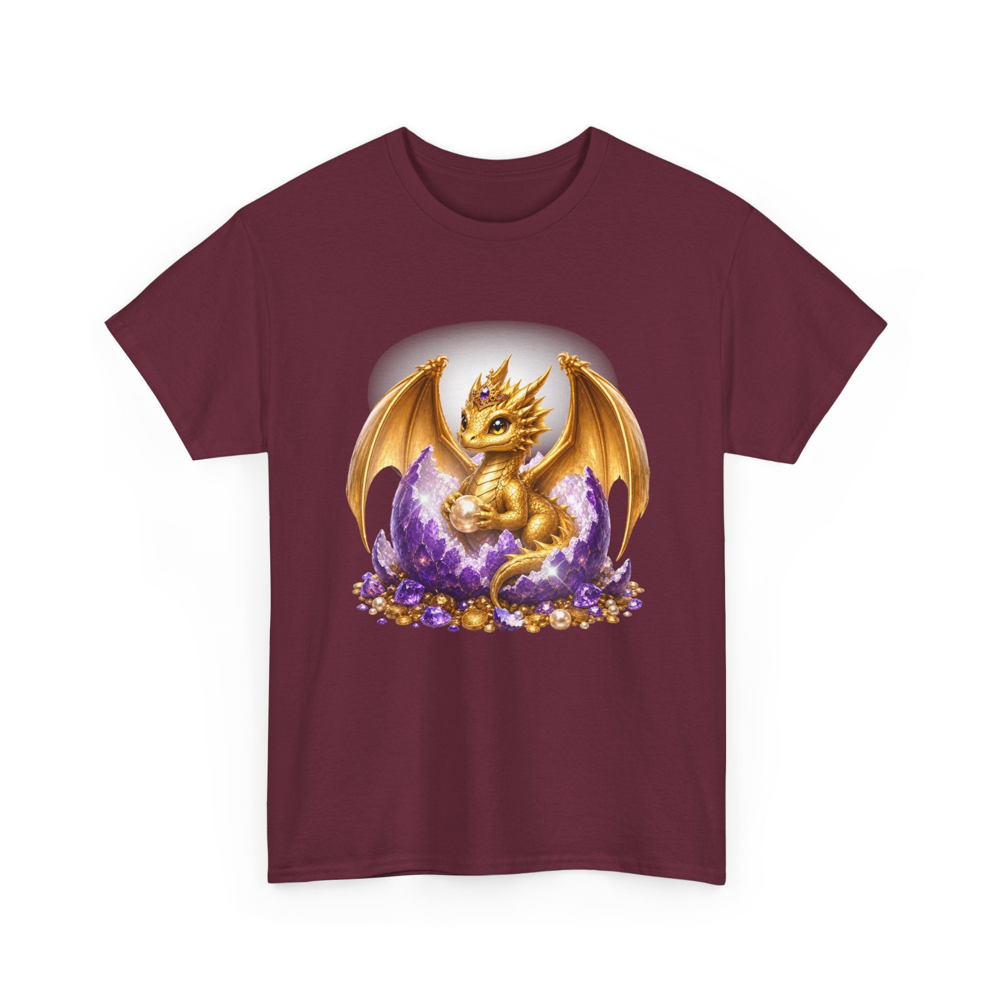 Golden Baby Dragon Tee — Cute Fantasy Dragon Shirt with Purple Egg