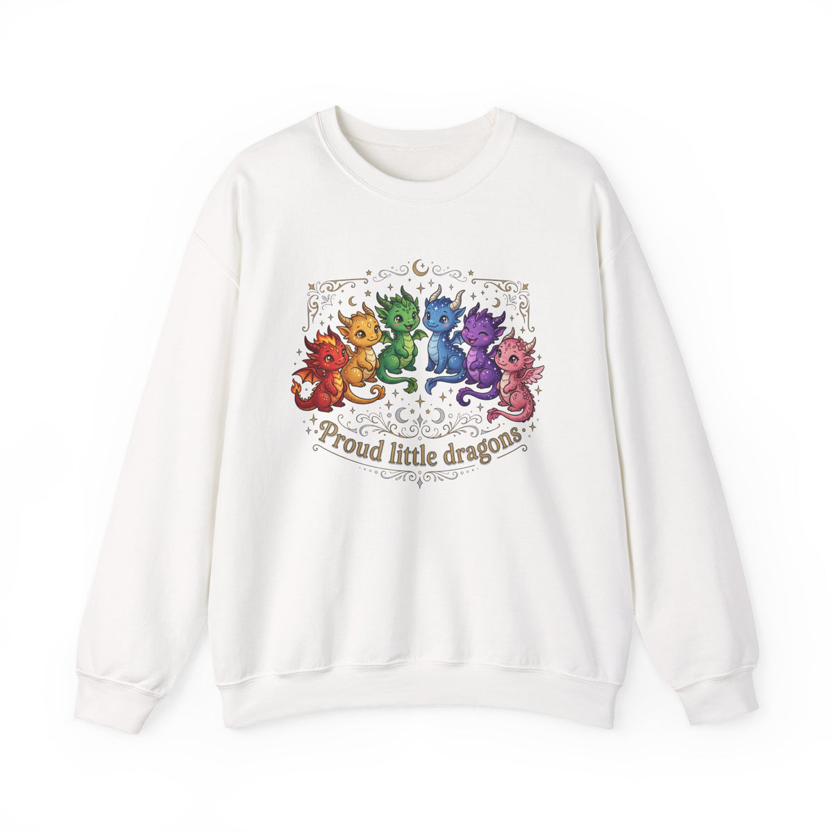 Crewneck Sweatshirt — "Proud Little Dragons" Rainbow Baby Dragon Graphic