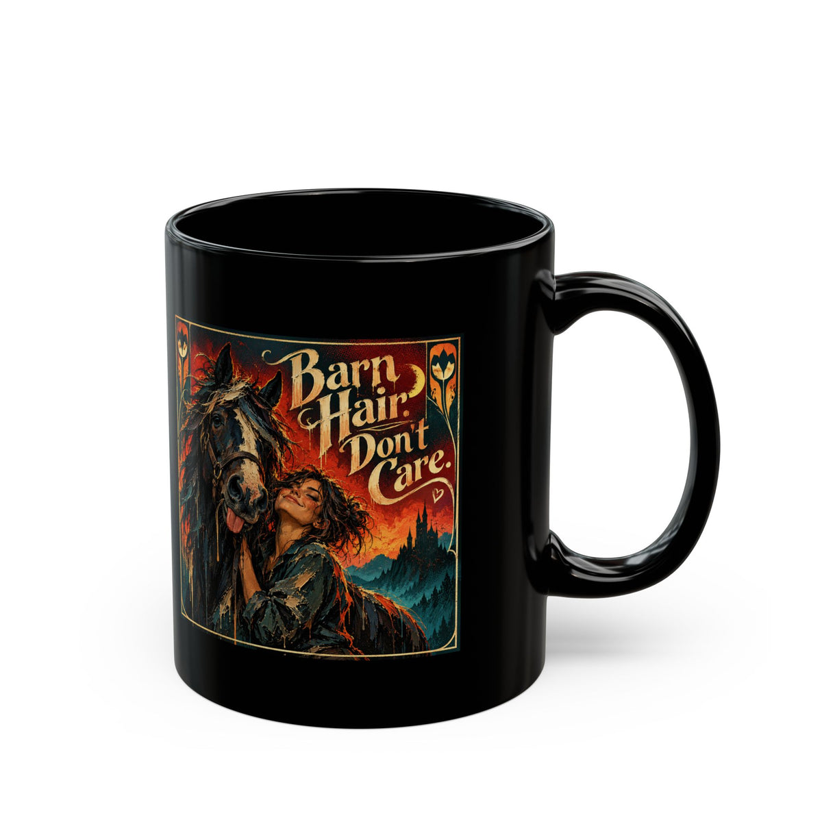 Black Mug — 'Barn Hair Don't Care' Rustic Horse Coffee Cup (11oz/15oz)Horse Lover Coffee Mug – Equestrian Art Mug with Jewel Tone Horse Painting