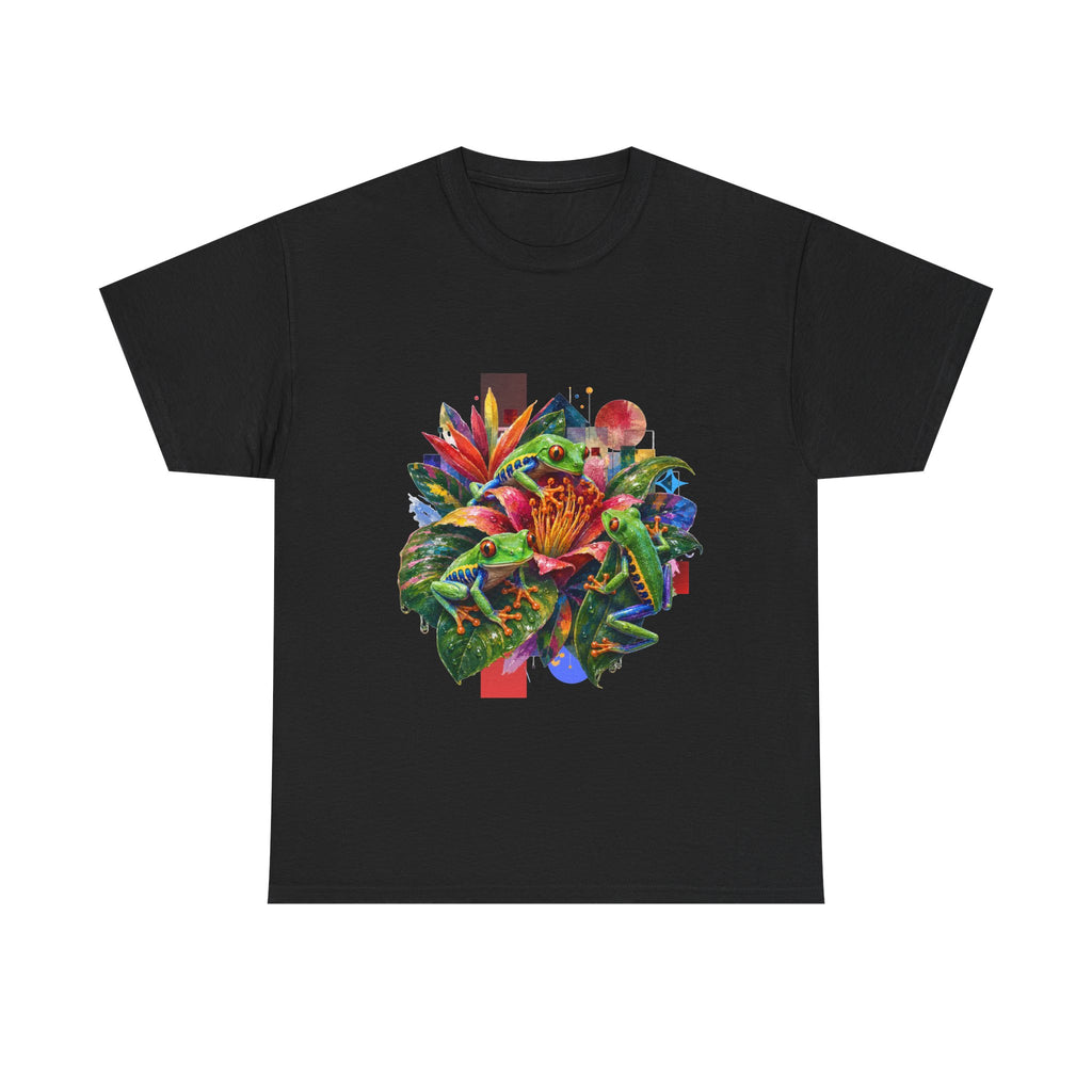T-Shirt — Tropical Floral Collage Tee. Frog tee, Tree Frogs in Foliage. Eco-friendly reminder.