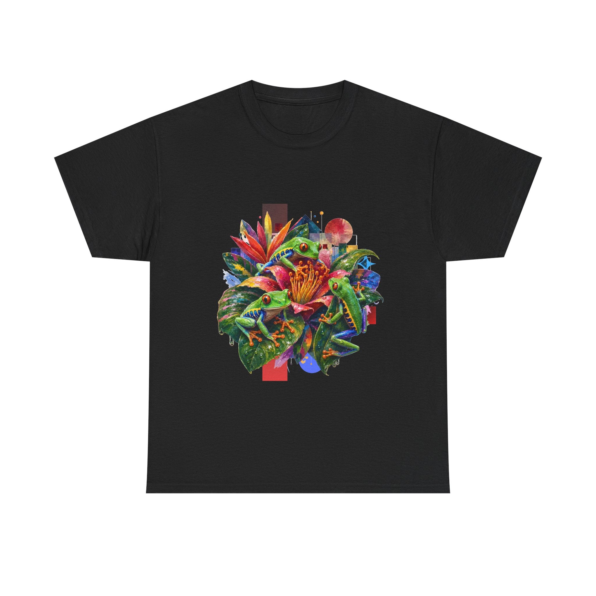 T-Shirt — Tropical Floral Collage Tee. Frog tee, Tree Frogs in Foliage. Eco-friendly reminder.