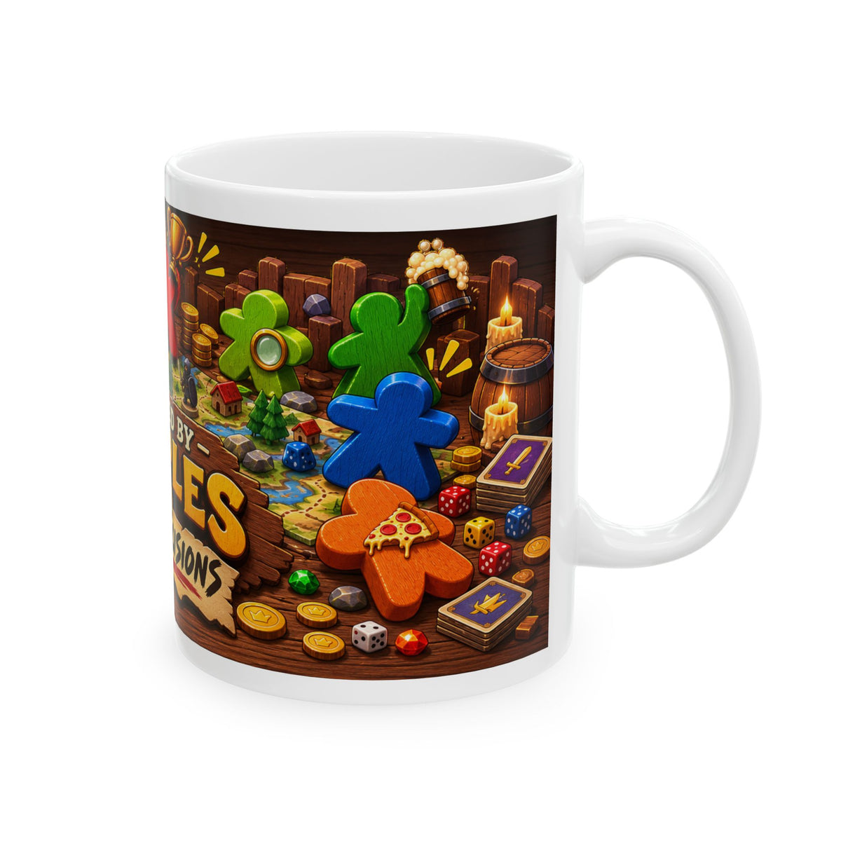 Ceramic Mug — "Powered by Meeples & Poor Decisions" Board Game Coffee Cup