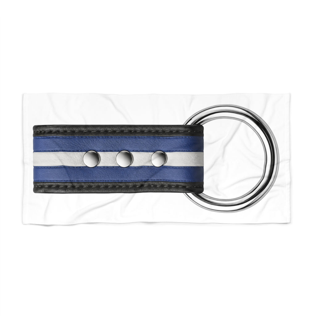 Beach Towel with Blue Leather Strap & Metal Ring Design – Nautical Stripe Pool & Shore Towel. Leather Pride towel