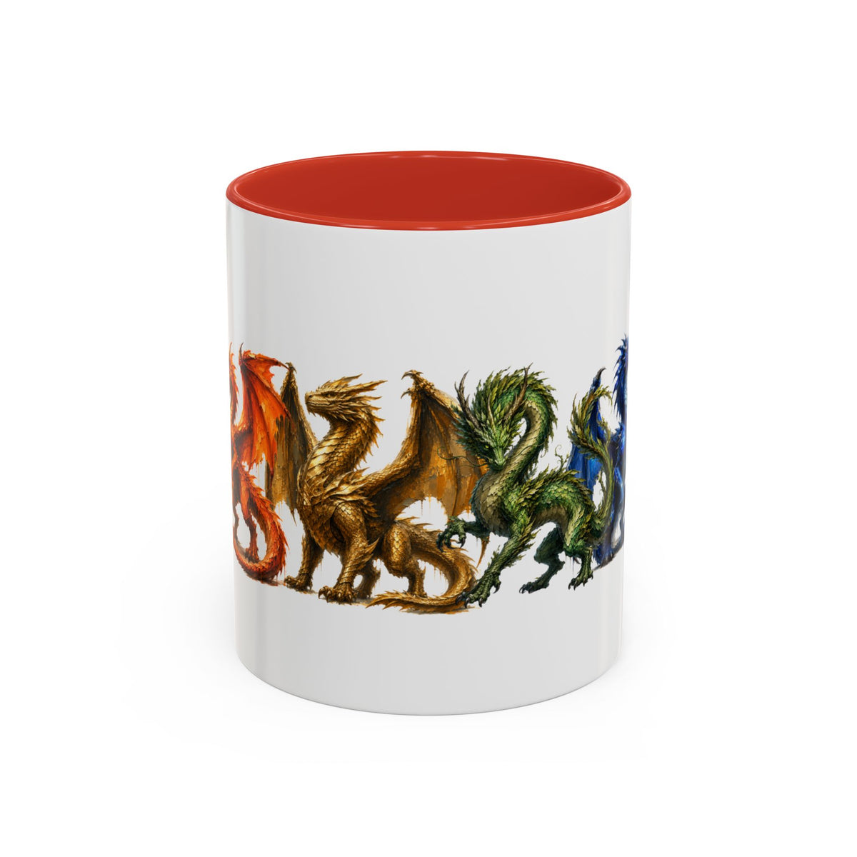 Rainbow Dragon Lineup Accent Coffee Mug — Colorful Fantasy Creature Tea & Coffee Cup