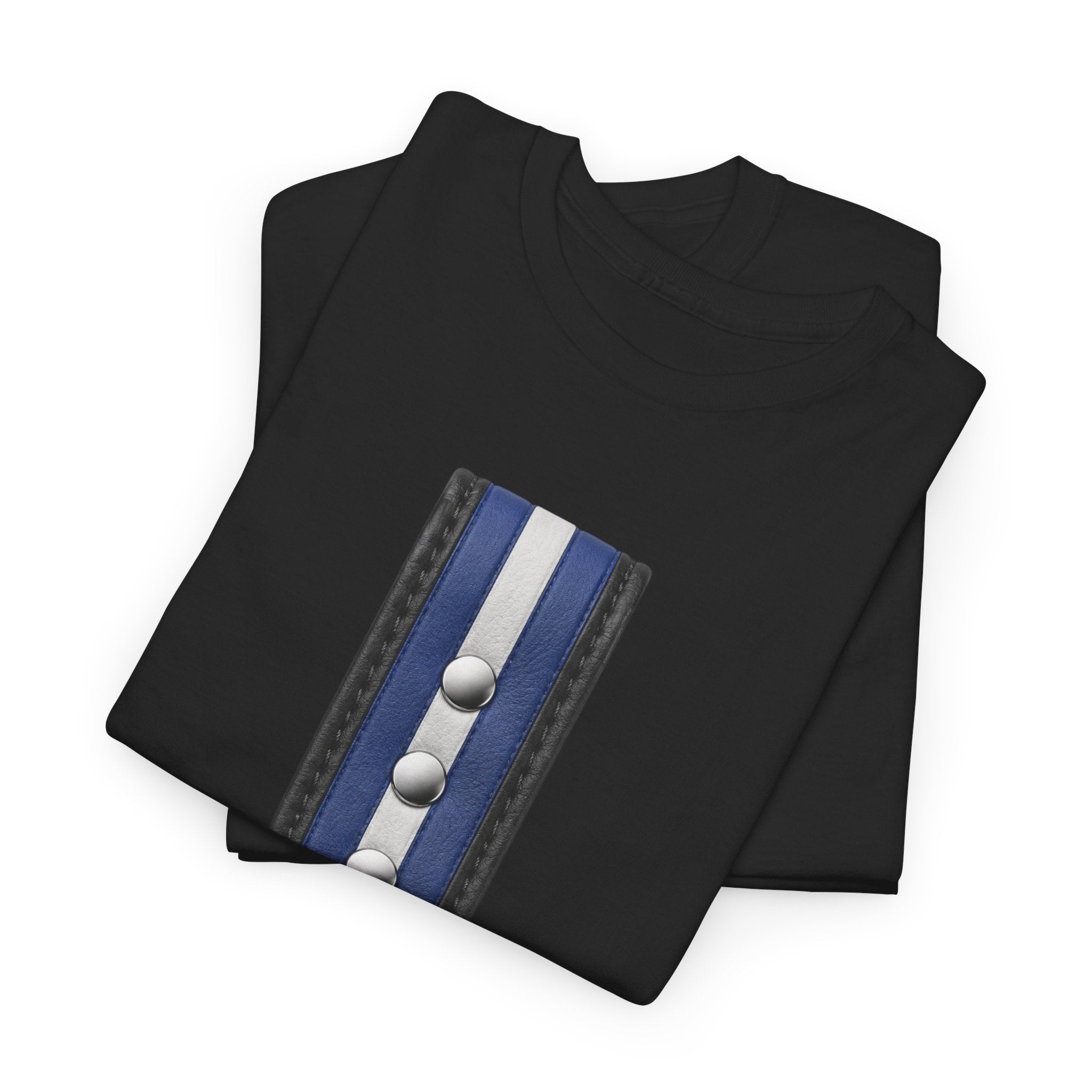 Blue Stripe O-Ring Graphic Tee. Leather pride strap