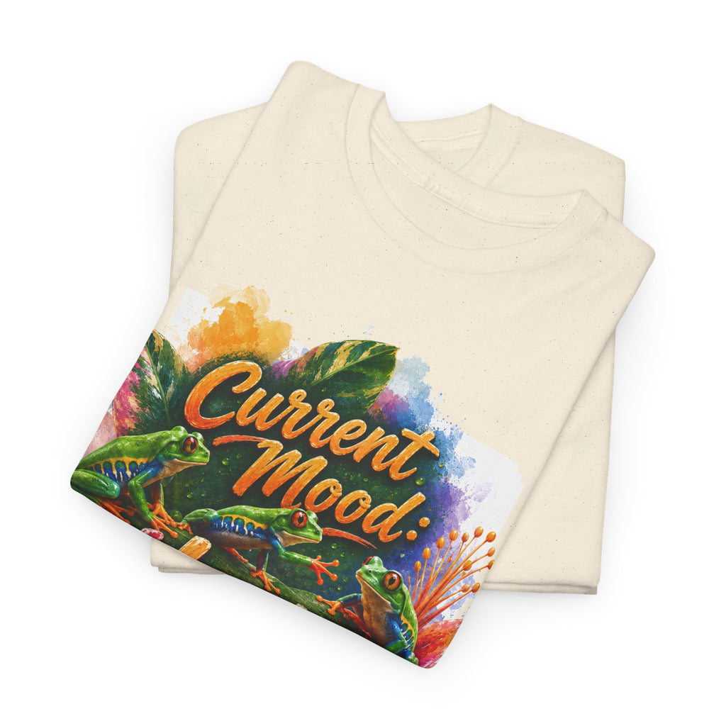 T‑Shirt — "Current Mood: Hoppy" Colorful Frog Graphic Tee. Tree Frogs eco-friendly awareness.
