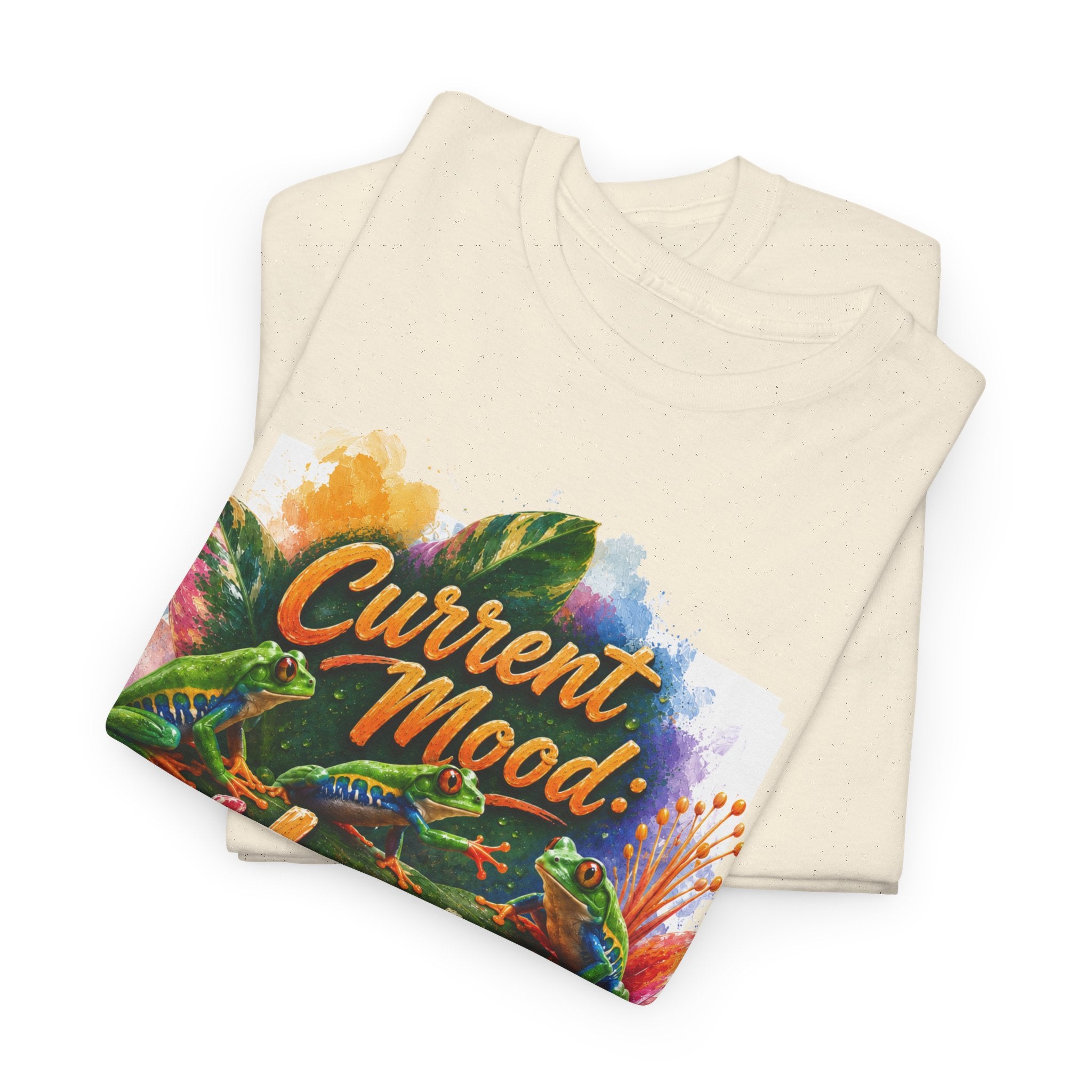 T‑Shirt — "Current Mood: Hoppy" Colorful Frog Graphic Tee. Tree Frogs eco-friendly awareness.