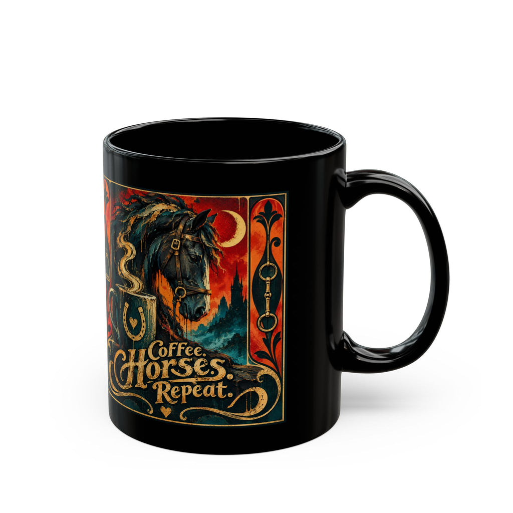 Coffee Horses Repeat Mug — Vintage Gothic Horse & Coffee Art (Black 11oz/15oz)